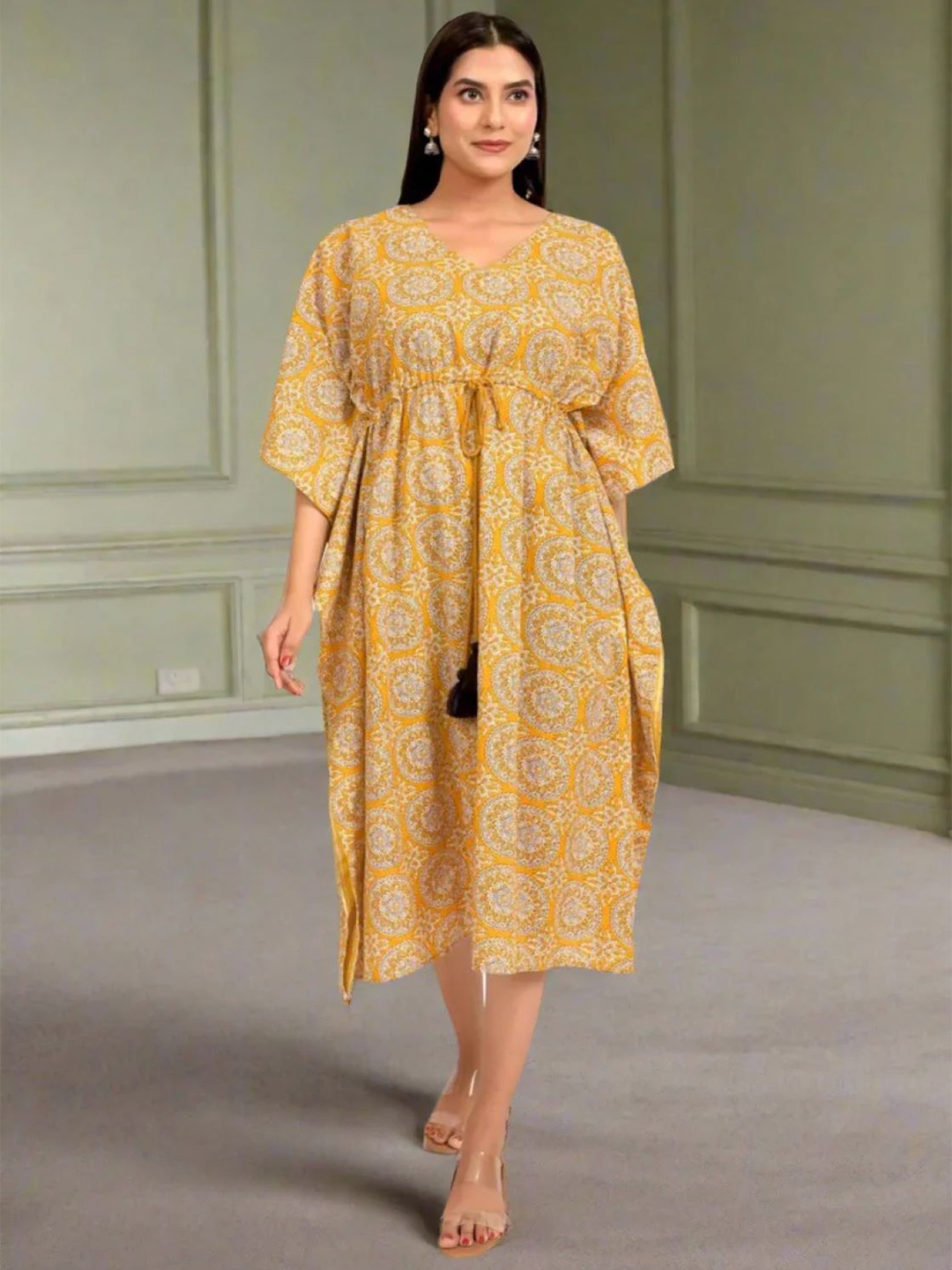 

INDIE JHOLA Ethnic Motifs Printed Pure Cotton Kaftan Midi Dress, Mustard