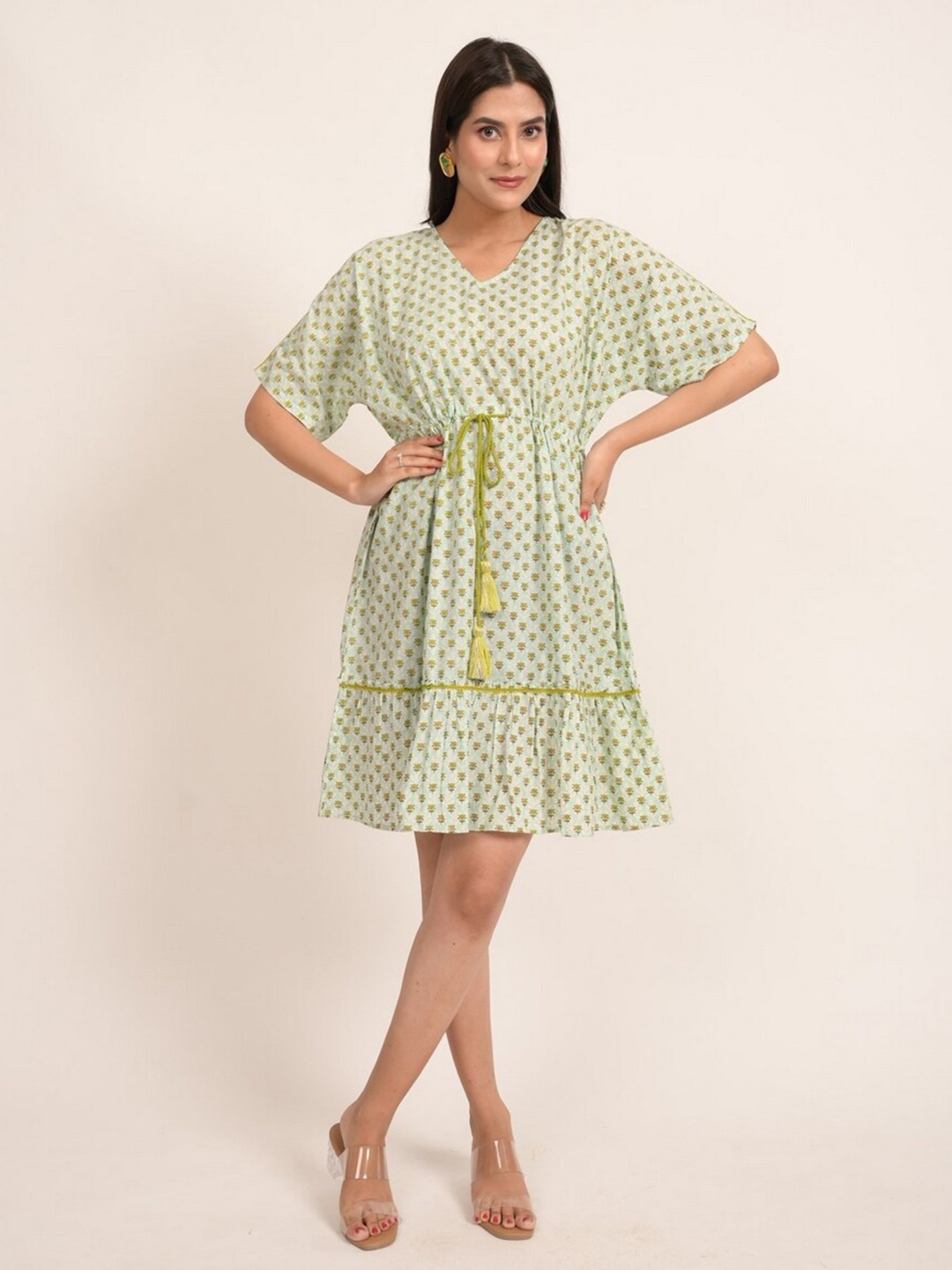 

INDIE JHOLA Ethnic Motifs Printed V-Neck A-Line Dress, Green