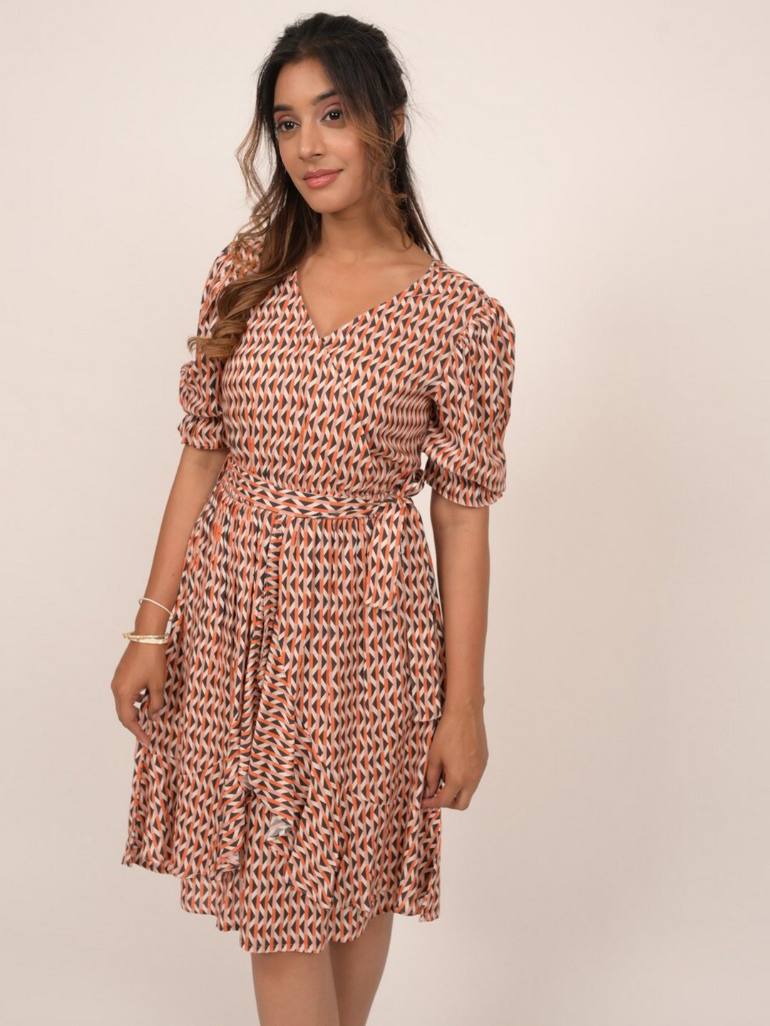 

INDIE JHOLA Abstract Printed Puff Sleeve Fit & Flare Dress, Orange
