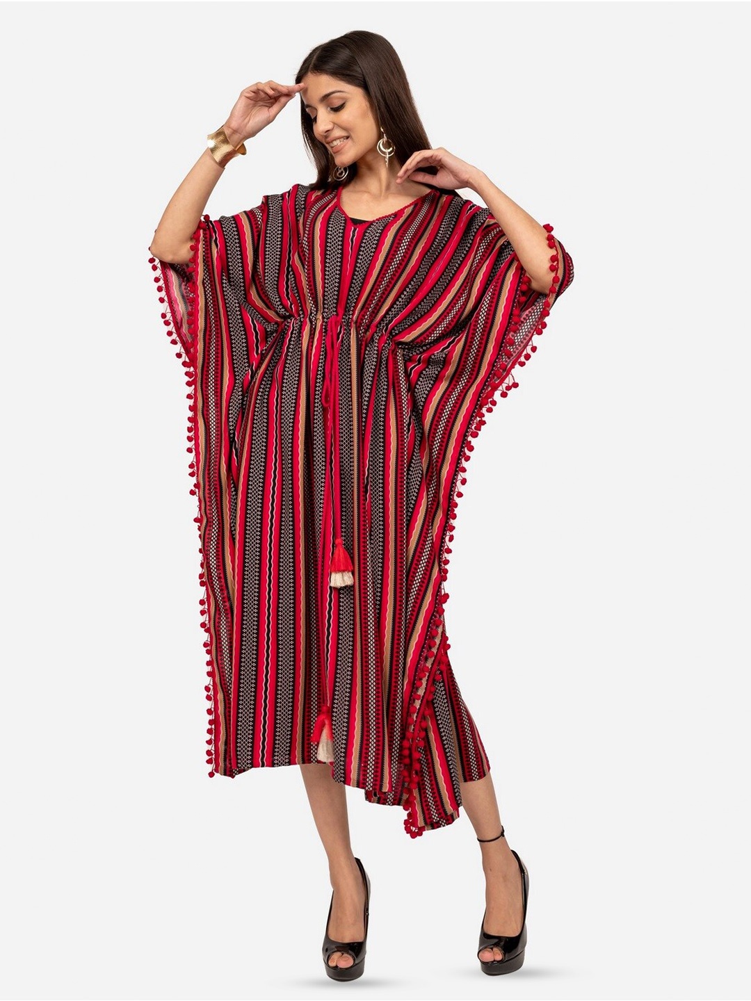 

INDIE JHOLA Striped V-Neck Gathered Detailed Kaftan Midi Dress, Pink