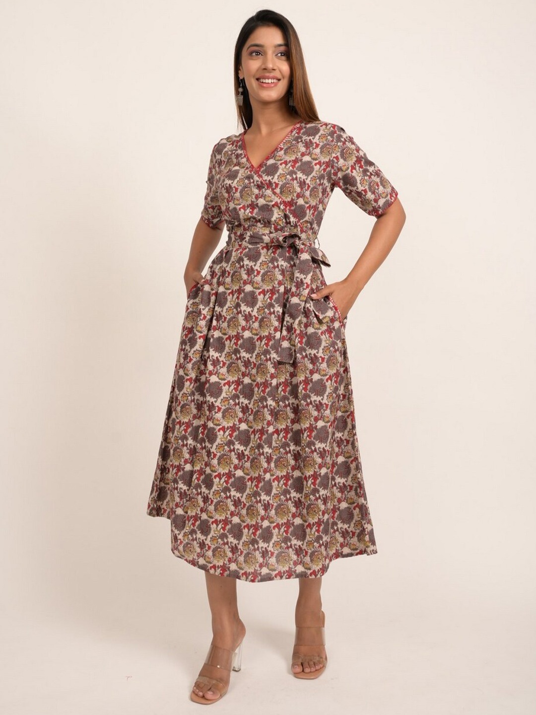

INDIE JHOLA Floral Printed V-Neck Wrap Pure Cotton Midi Dress, Brown