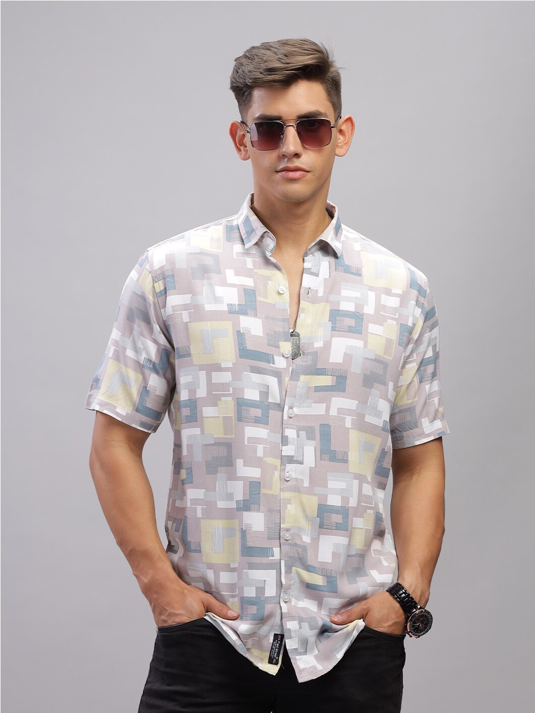 

PAUL STREET Standard Slim Fit Geometric Printed Casual Shirt, Mauve