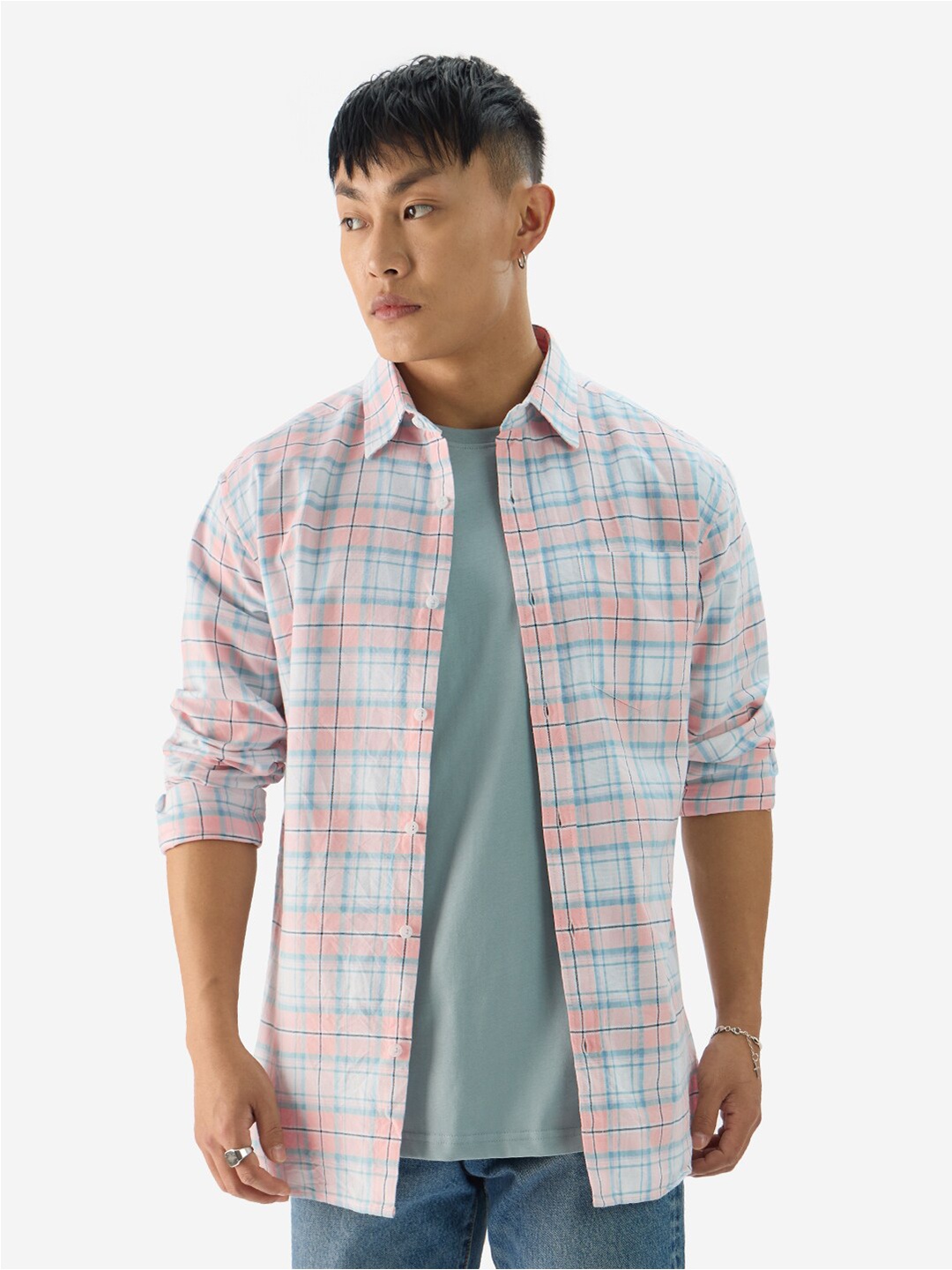 

The Souled Store Oversized Tartan Checked Pure Cotton Casual Shirt, White