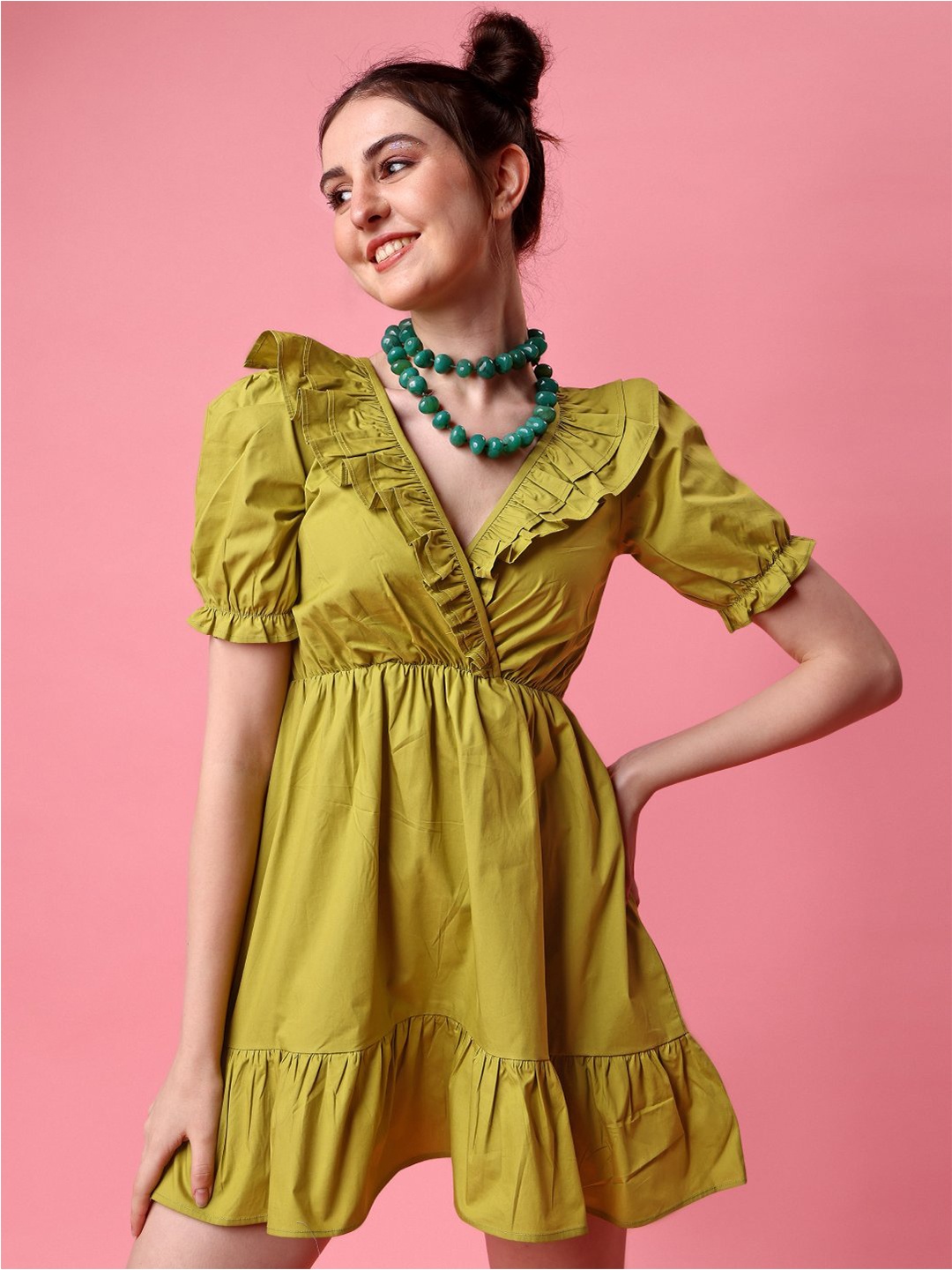 

GARDEN PARTY V-Neck Puff Sleeves Gathered Ruffles Cotton Fit & Flare Dress, Lime green