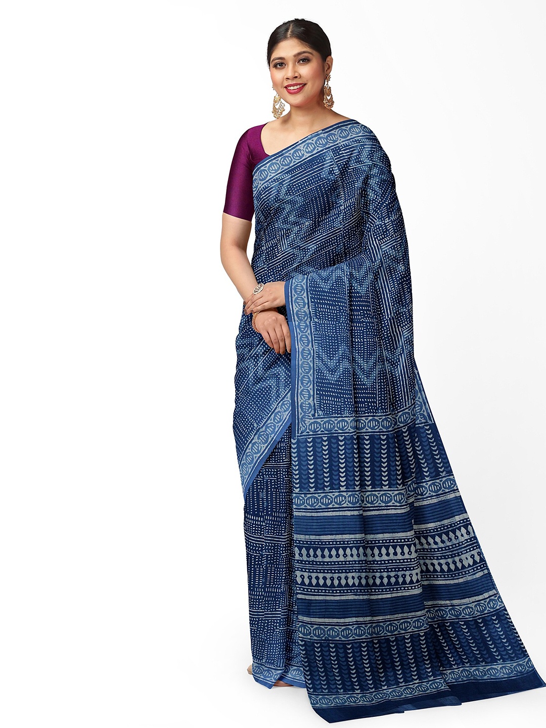 

Weaves of Tradition Dabu Pure Cotton Bagru Saree, Blue