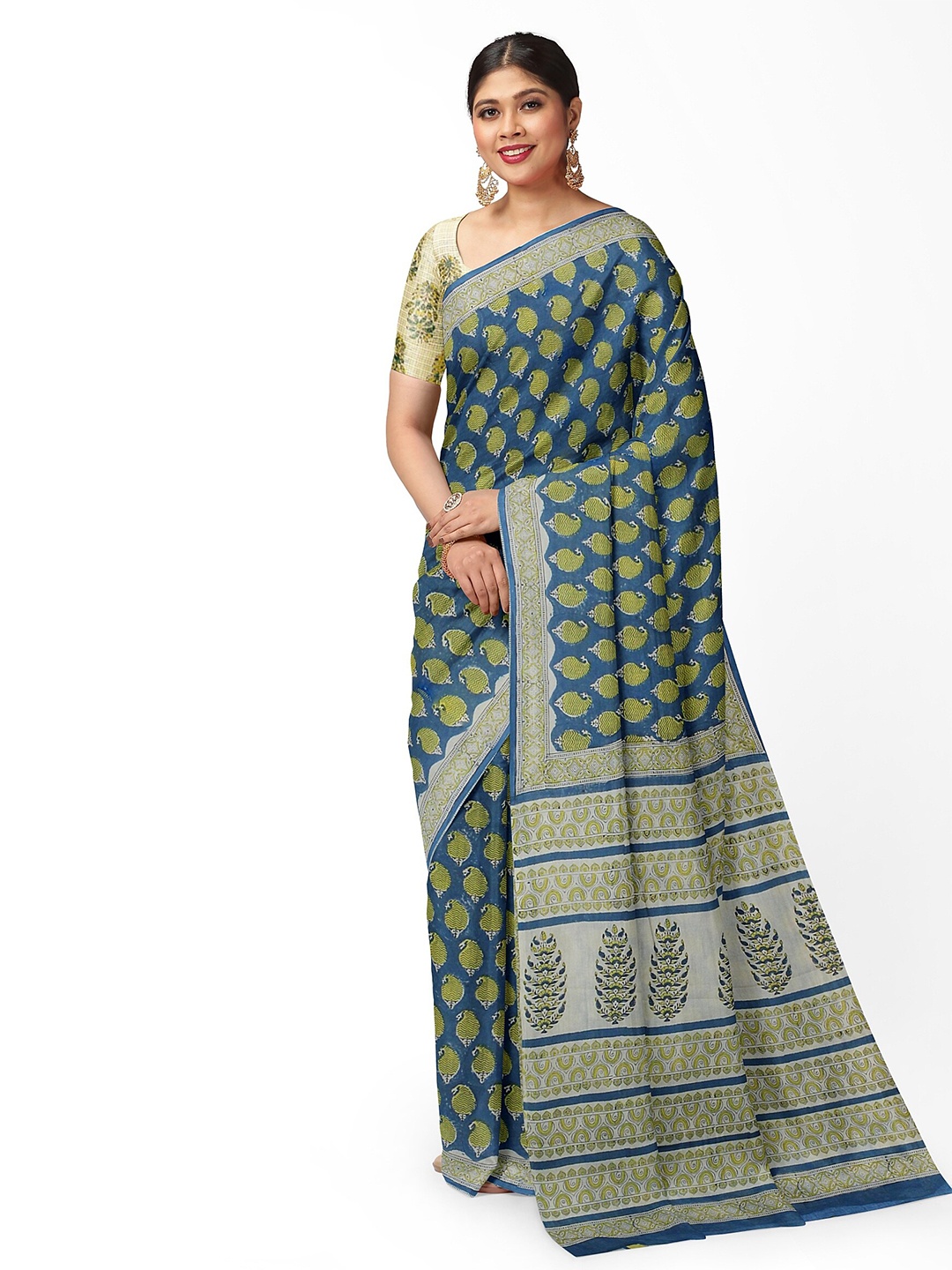 

Weaves of Tradition Paisley Printed Pure Cotton Bagru Saree, Blue
