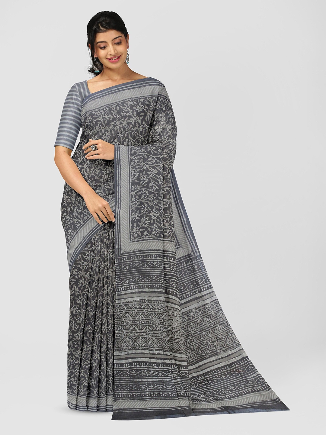 

Weaves of Tradition Floral Printed Pure Cotton Bagru Saree, Grey