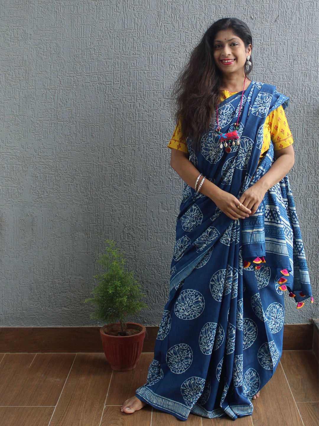 

Weaves of Tradition Ethnic Motifs Printed Pure Cotton Bagru Saree, Blue