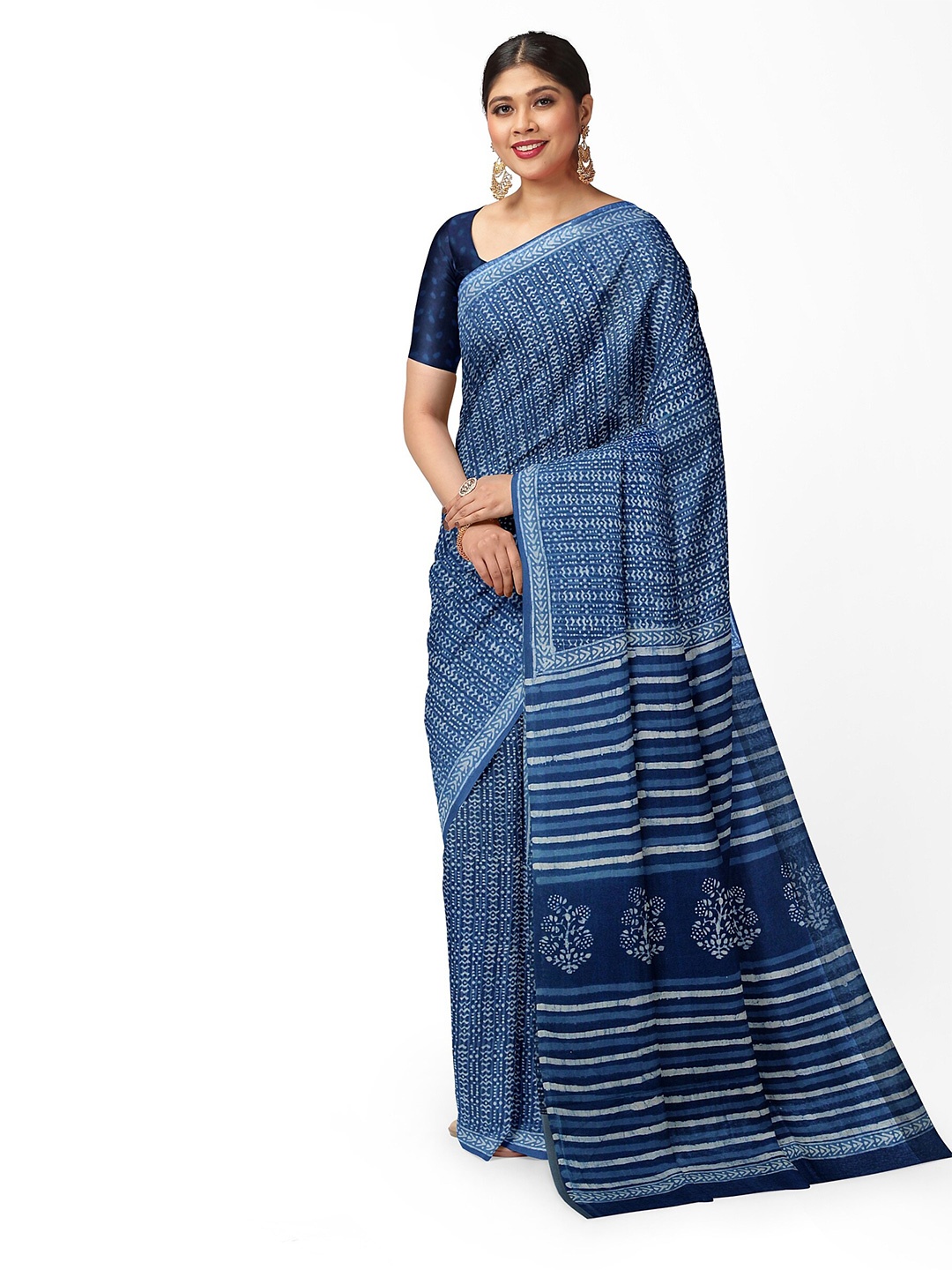 

Weaves of Tradition Dabu Pure Cotton Bagru Saree, Blue