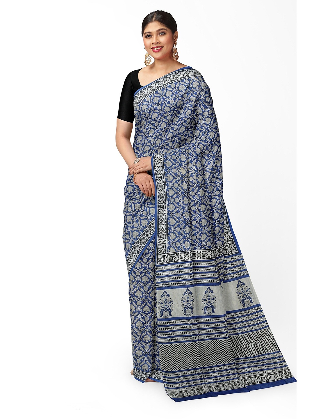 

Weaves of Tradition Ethnic Motifs Pure Cotton Bagru Saree, Blue