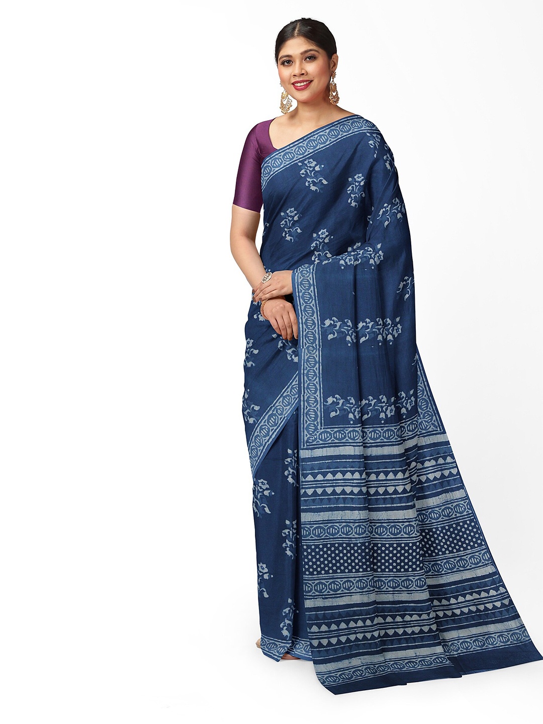 

Weaves of Tradition Floral Pure Cotton Block Print Saree, Blue