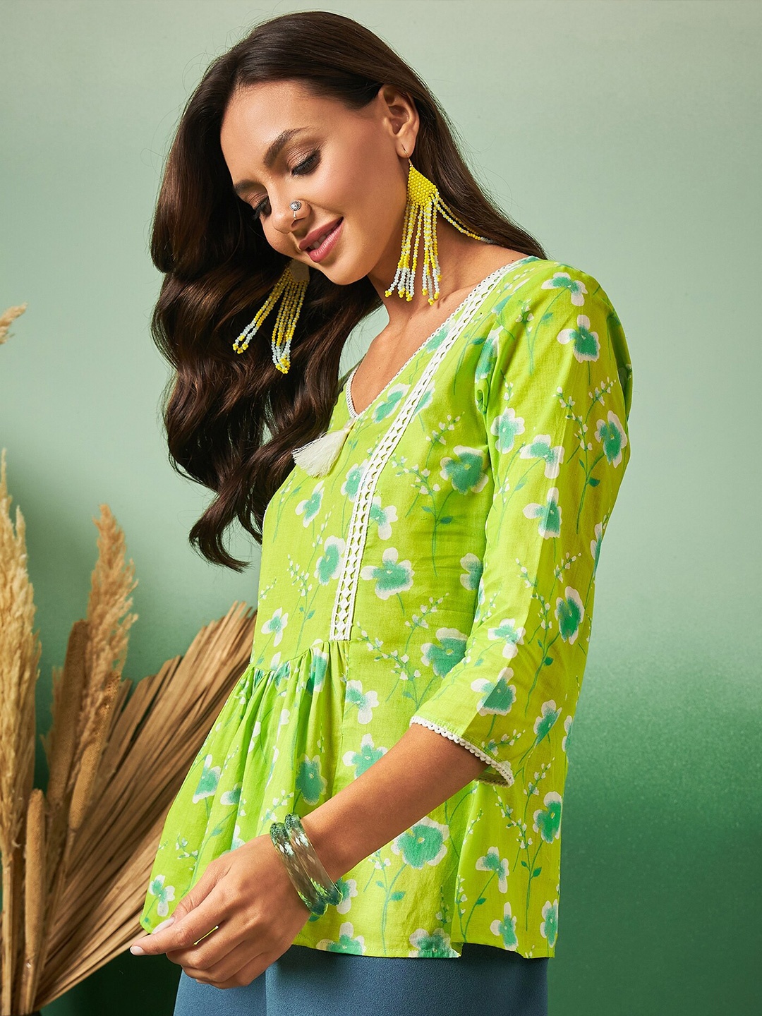 

Sangria Floral Printed V-Neck Gathered Cotton Peplum Top, Lime green