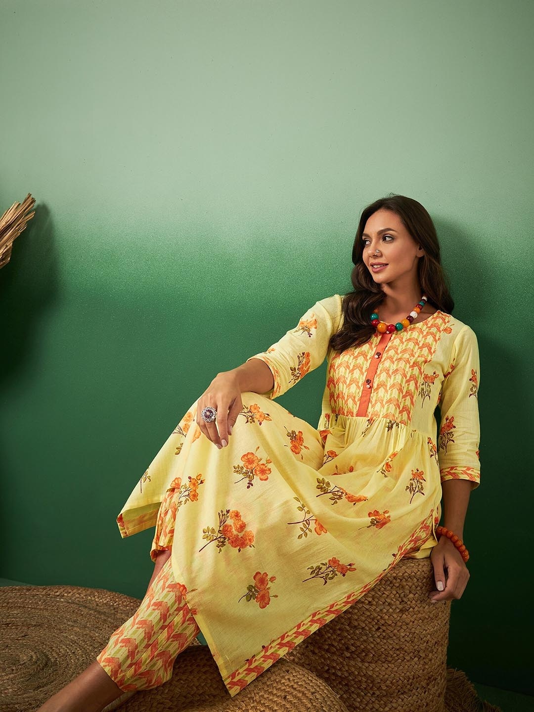 

Sangria Floral Printed Pleated Straight Organic Cotton Kurta With Trousers, Yellow