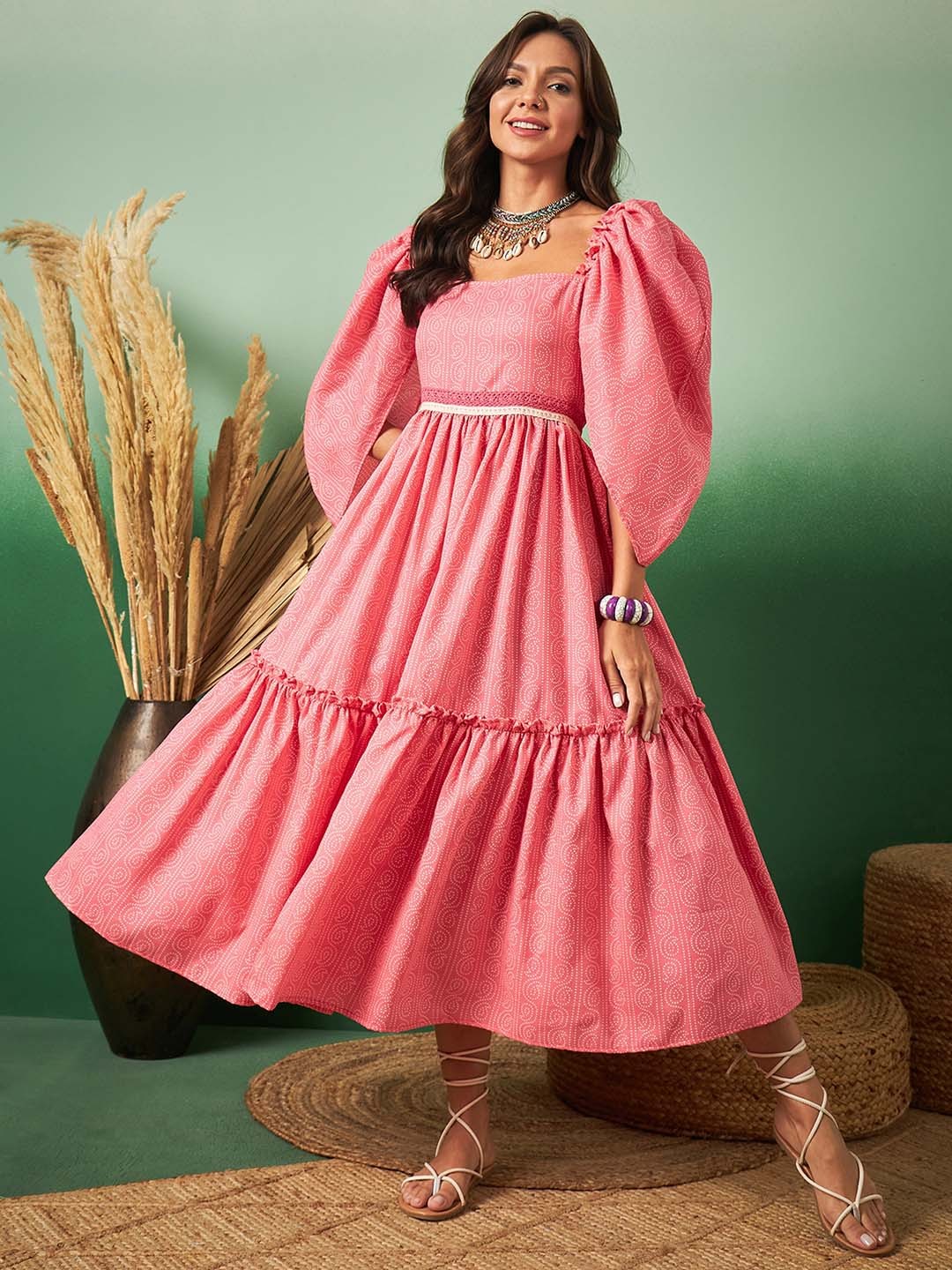 

Sangria Printed Cotton Fit & Flare Ethnic Dress, Pink