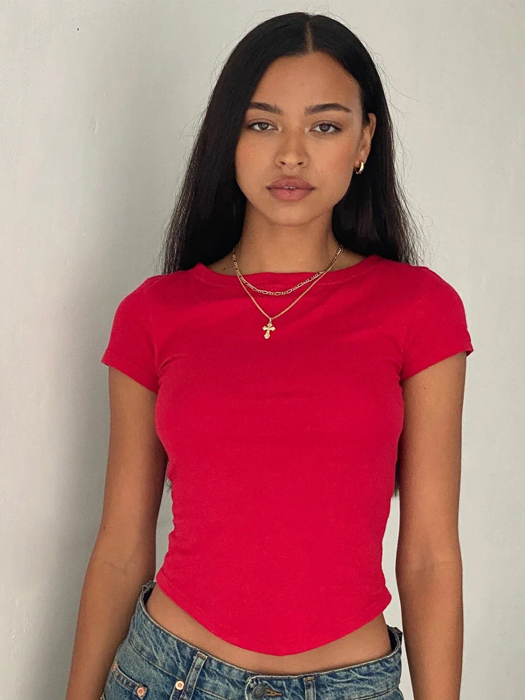 

Dracht Dipped Hem Cotton Crop Fitted Top, Red