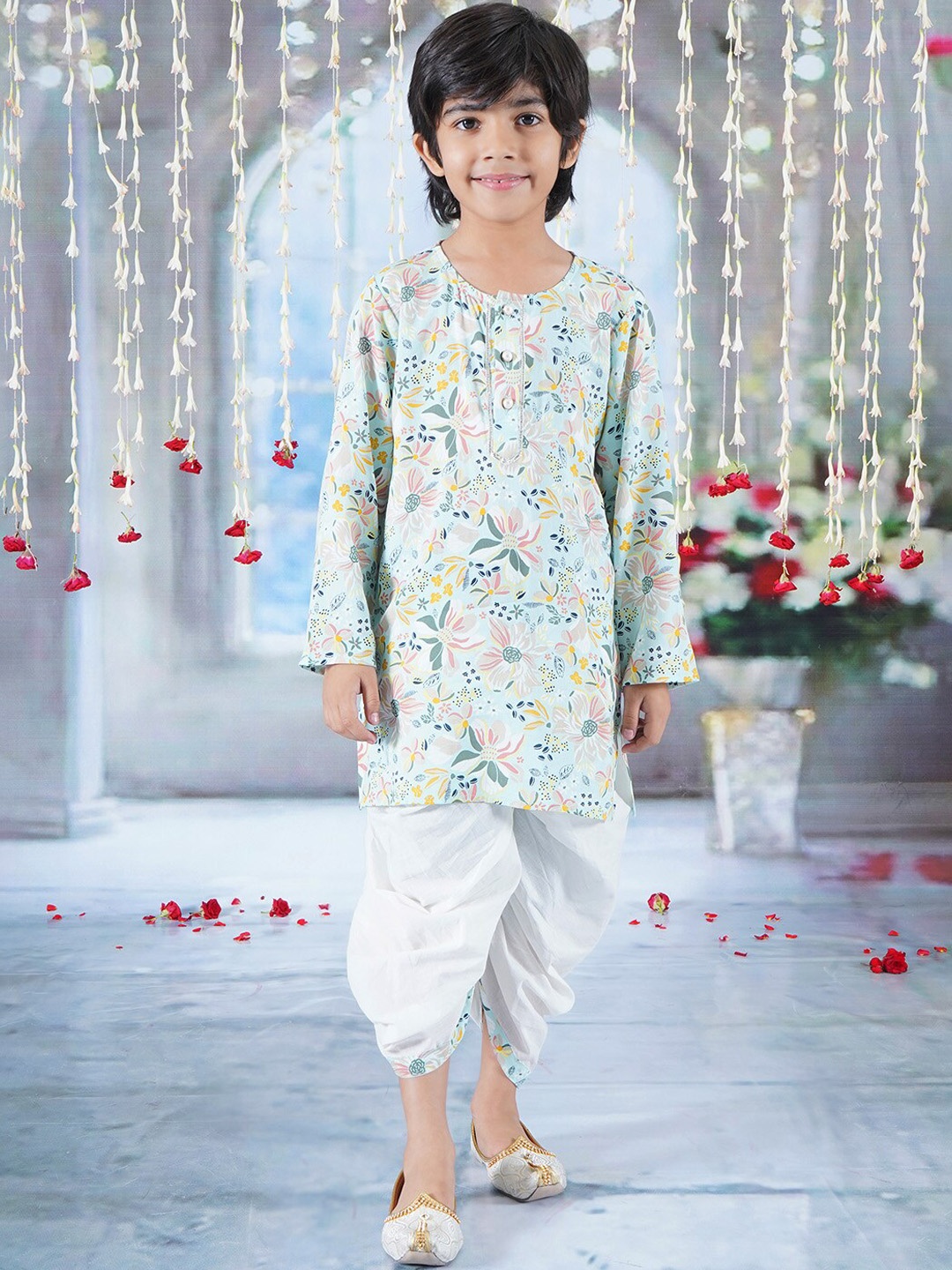 

Little Bansi Boys Floral Printed Pure Cotton Straight Kurta with Dhoti Pant, Blue