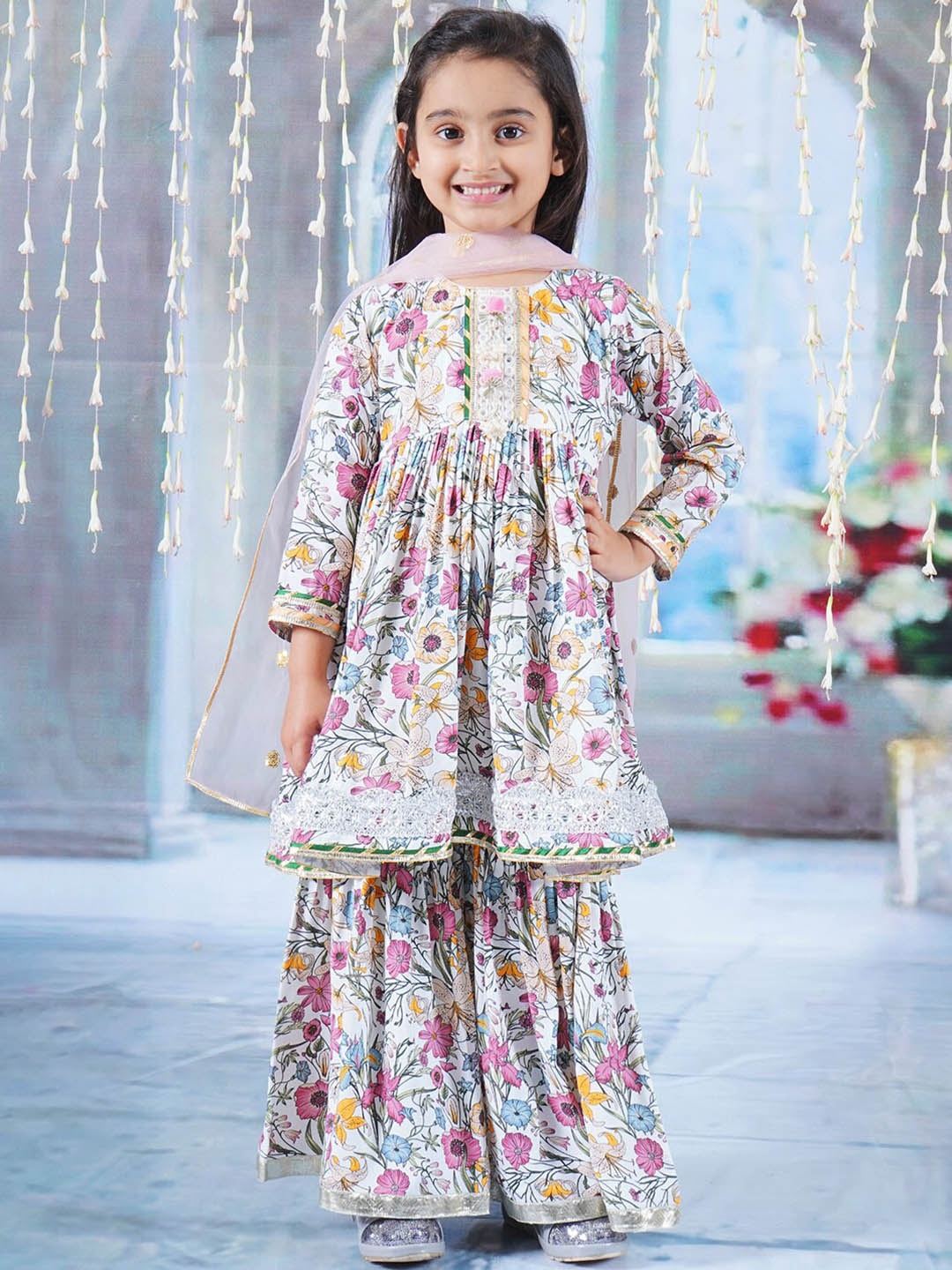 

Little Bansi Girls Floral Printed Gotta Patti Pure Cotton Kurta with Sharara & Dupatta, Off white