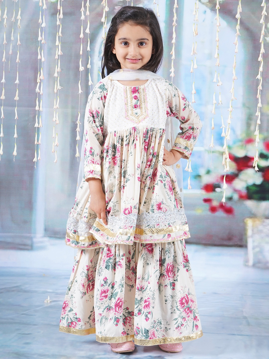 

Little Bansi Girls Floral Printed Pure Cotton Kurta with Sharara & With Dupatta, Cream
