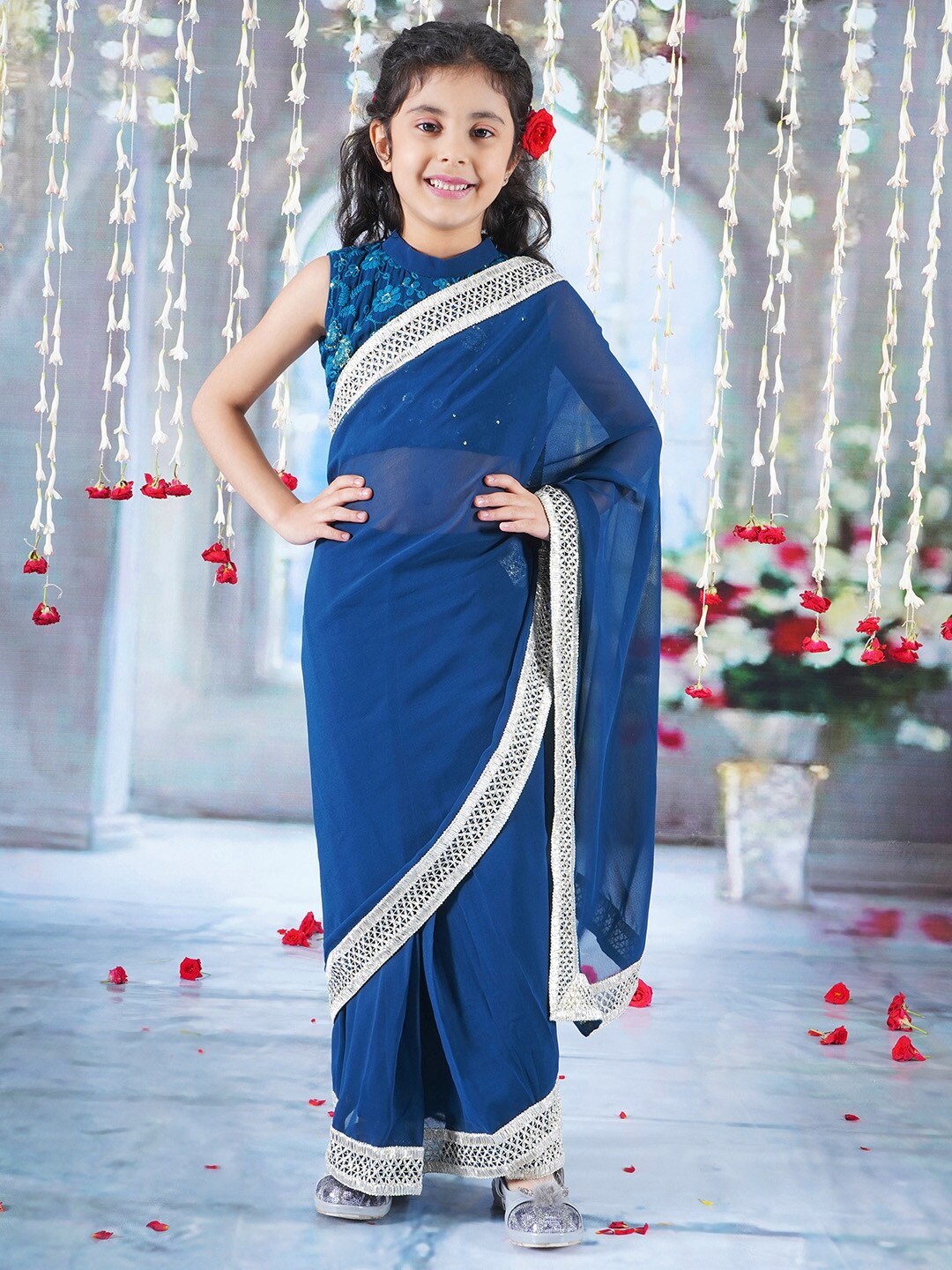 

Little Bansi Embroidered Pure Georgette Ready to Wear Saree with Stitched Blouse, Blue