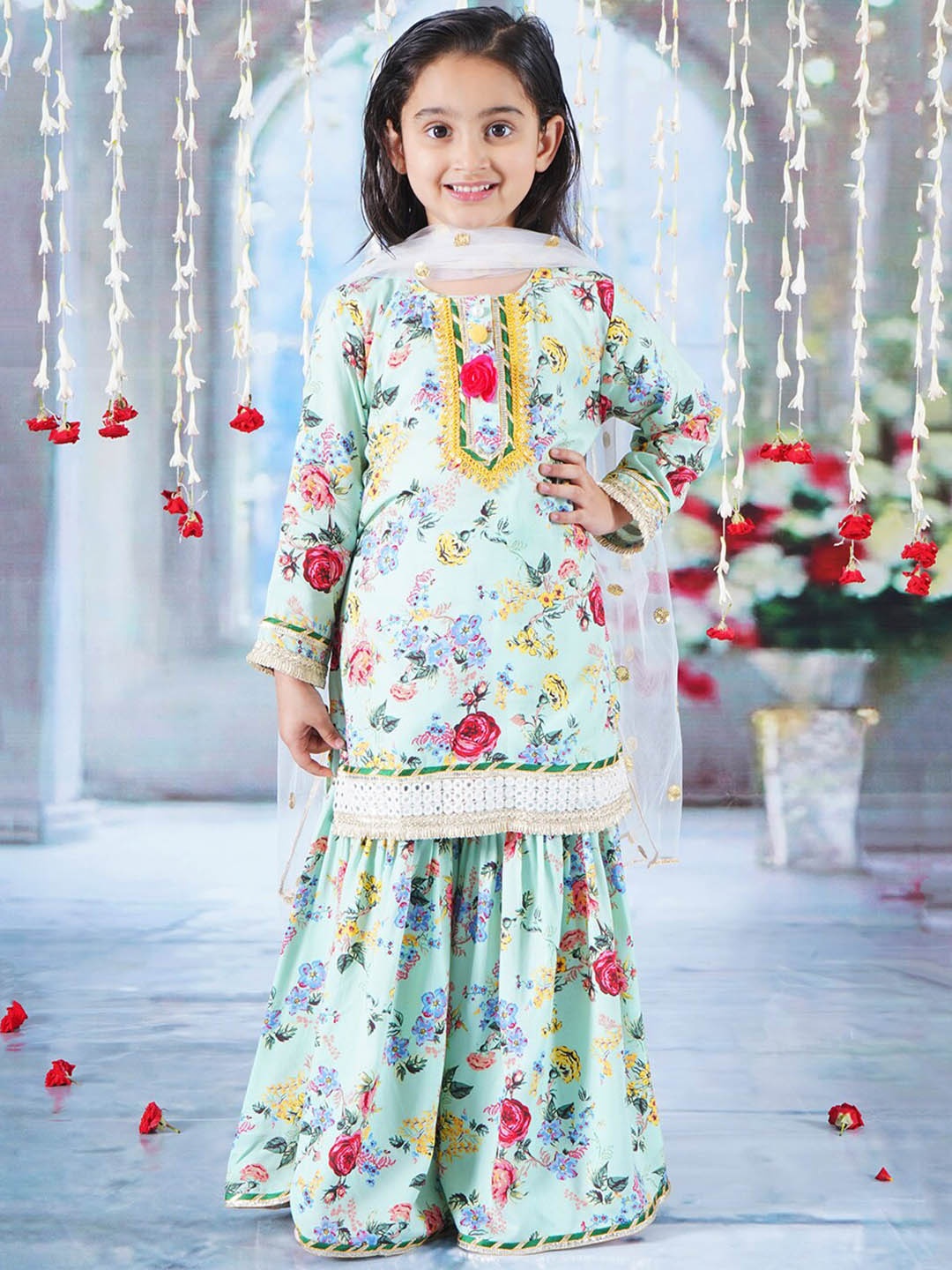 

Little Bansi Girls Cotton Floral Print Kurta Sharara & Dupatta, Green