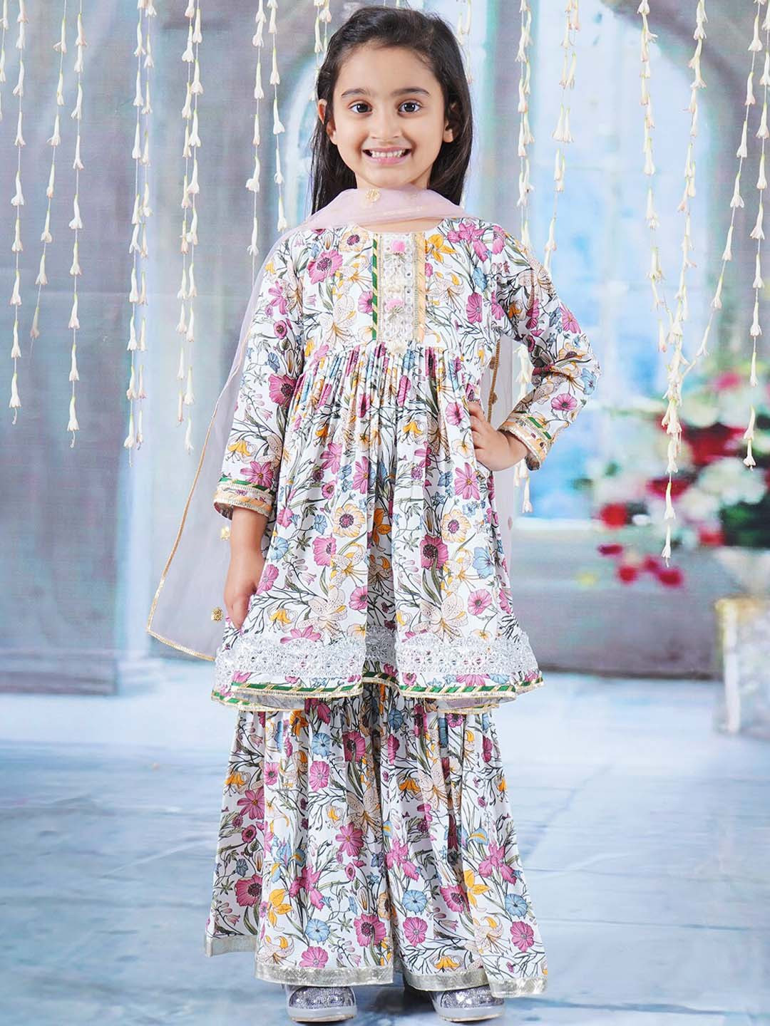 

Little Bansi Girls Floral Print Pure Cotton Kurta with Sharara & Dupatta, Off white
