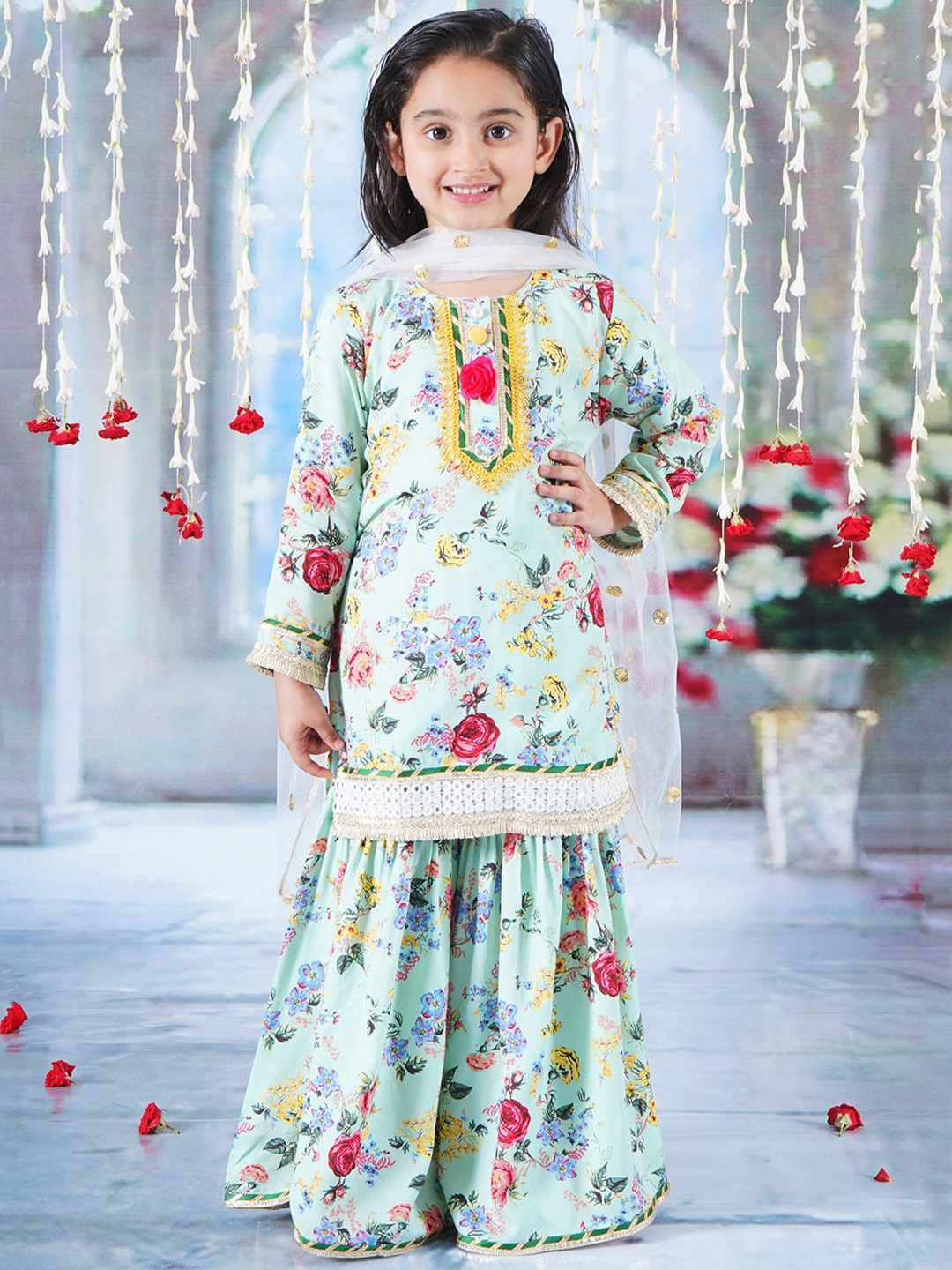 

Little Bansi Girls Floral Printed Gotta Patti Pure Cotton Kurta with Sharara & Dupatta, Green