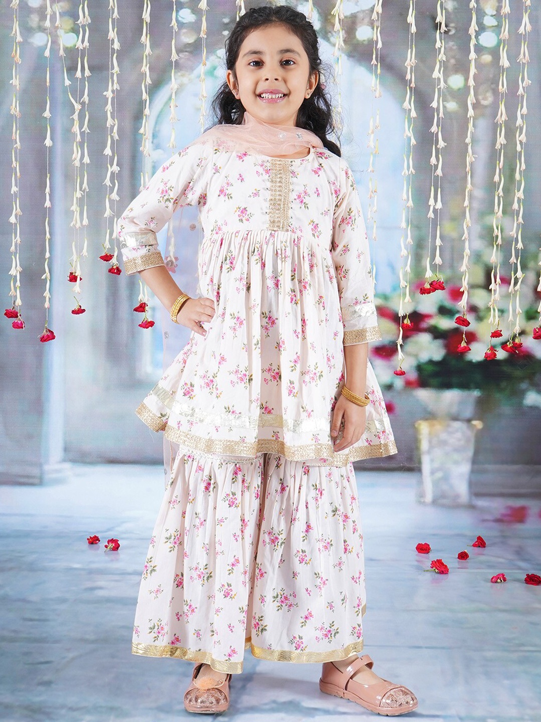 

Little Bansi Girls Floral Print Gotta Patti Cotton Kurta with Sharara & Dupatta, White