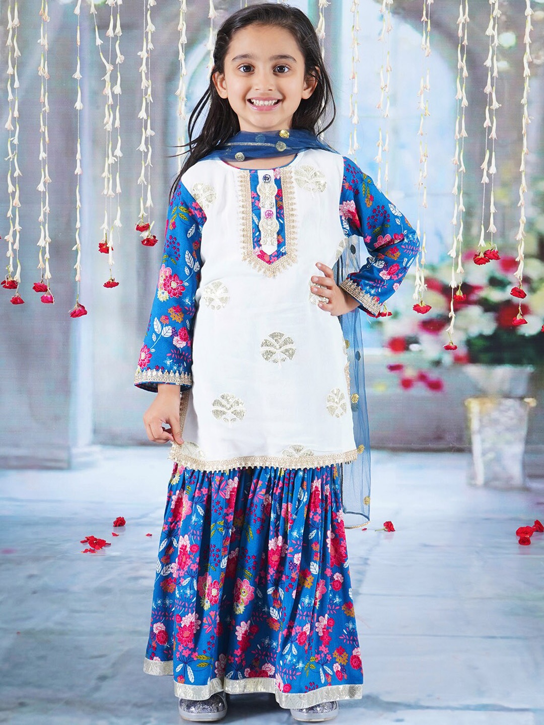 

Little Bansi Girls Floral Printed Kurta With Sharara & Dupatta, White