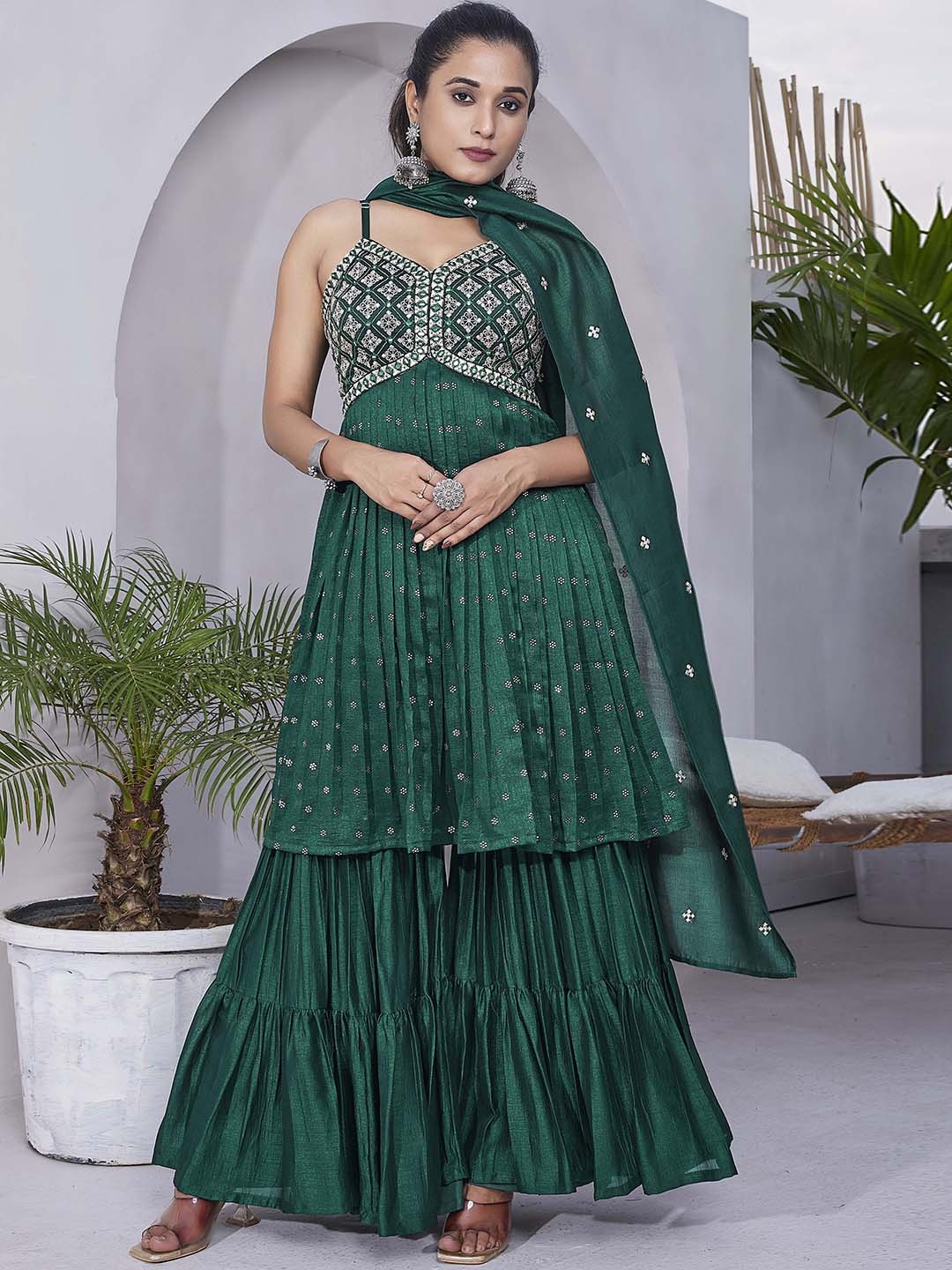 

Chandbaali Floral Embroidered Shoulder Straps Mirror Work Kurta with Sharara & Dupatta, Green