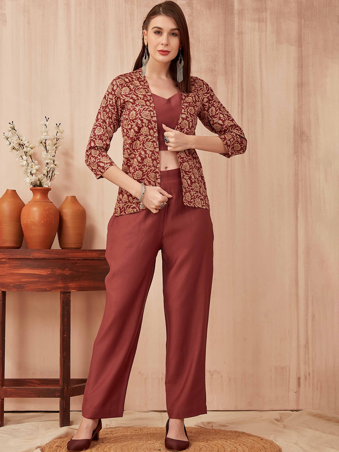 

Chandbaali Printed Top Trousers & Jacket, Rust