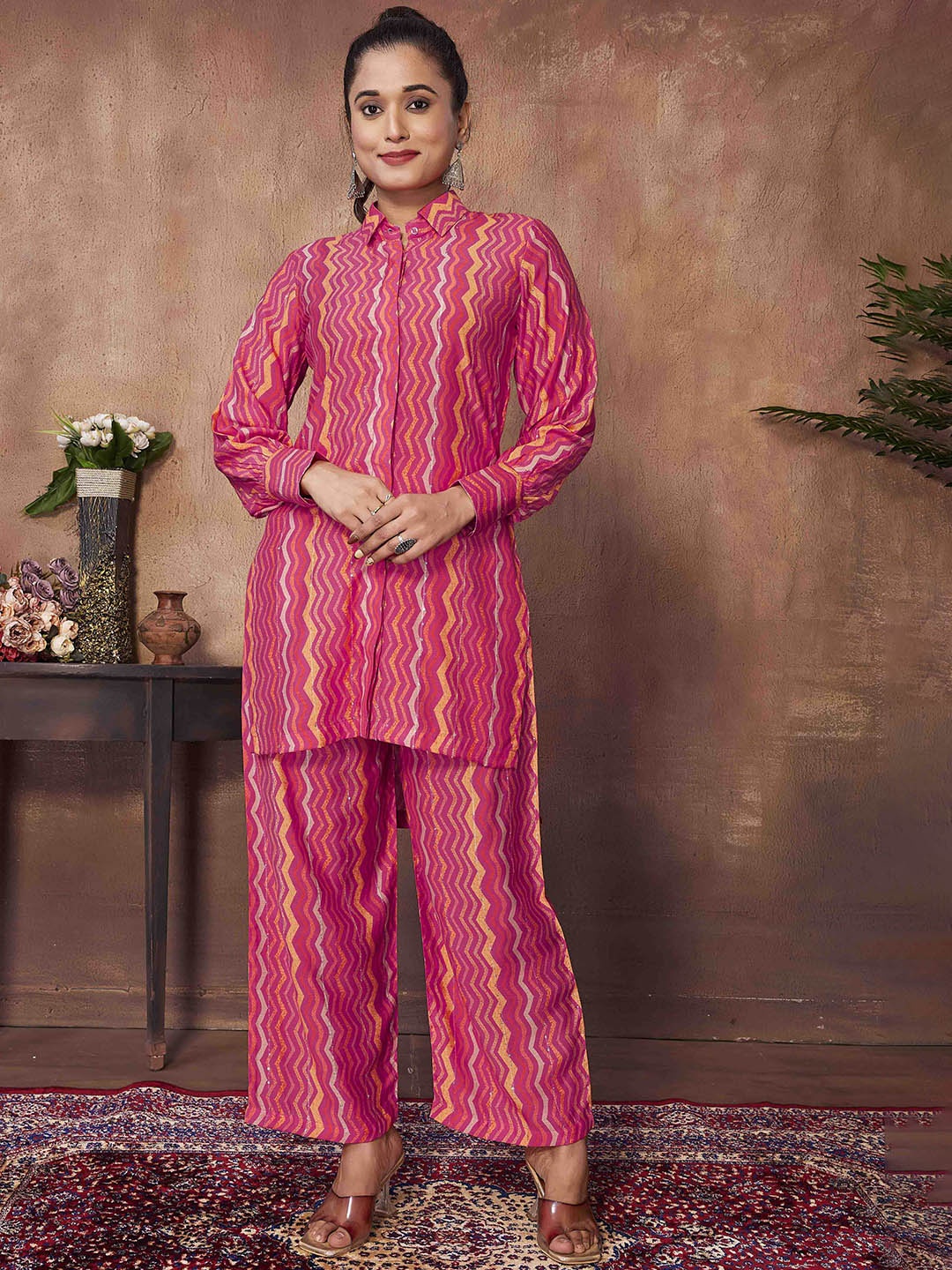 

Chandbaali Chevron Printed Tunic with Palazzos, Pink