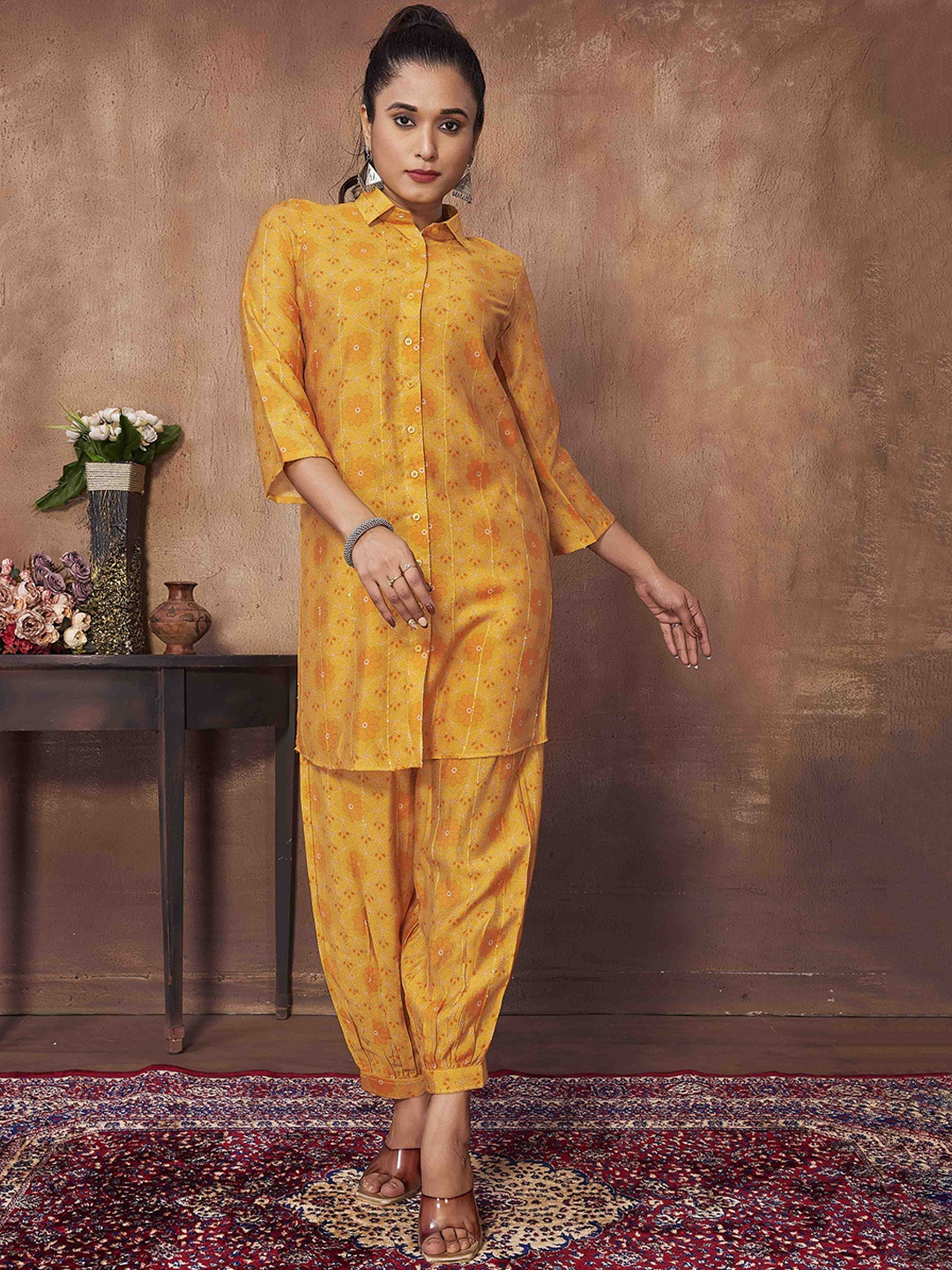 

Chandbaali Floral Print Sequined Kurta with Salwar, Mustard