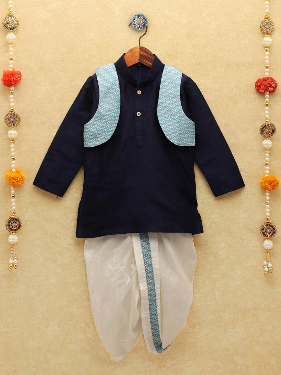 

BAESD Boys Solid Silk Cotton Kurta & Dhoti Pants With Nehru Jacket, Navy blue