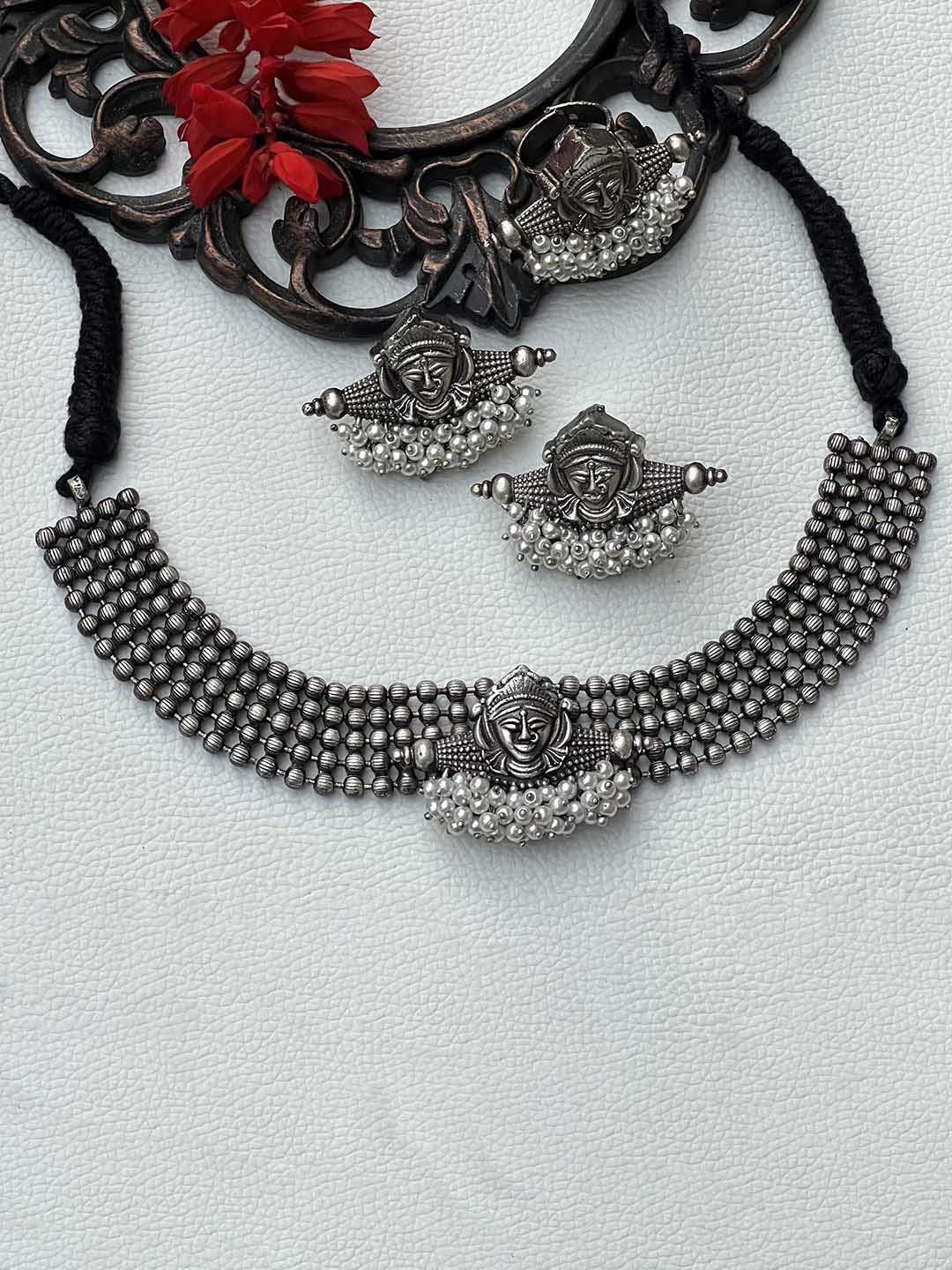 

Prettilicious Silver-Plated Beaded Oxidised Jewellery Set