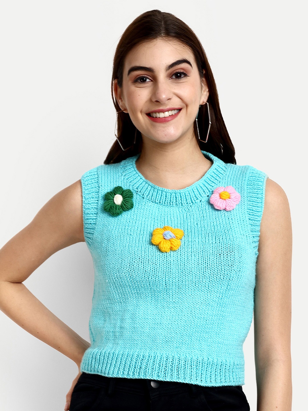 

WINDROP SOLUTIONS Self Design Sleeveless Acrylic Top, Turquoise blue