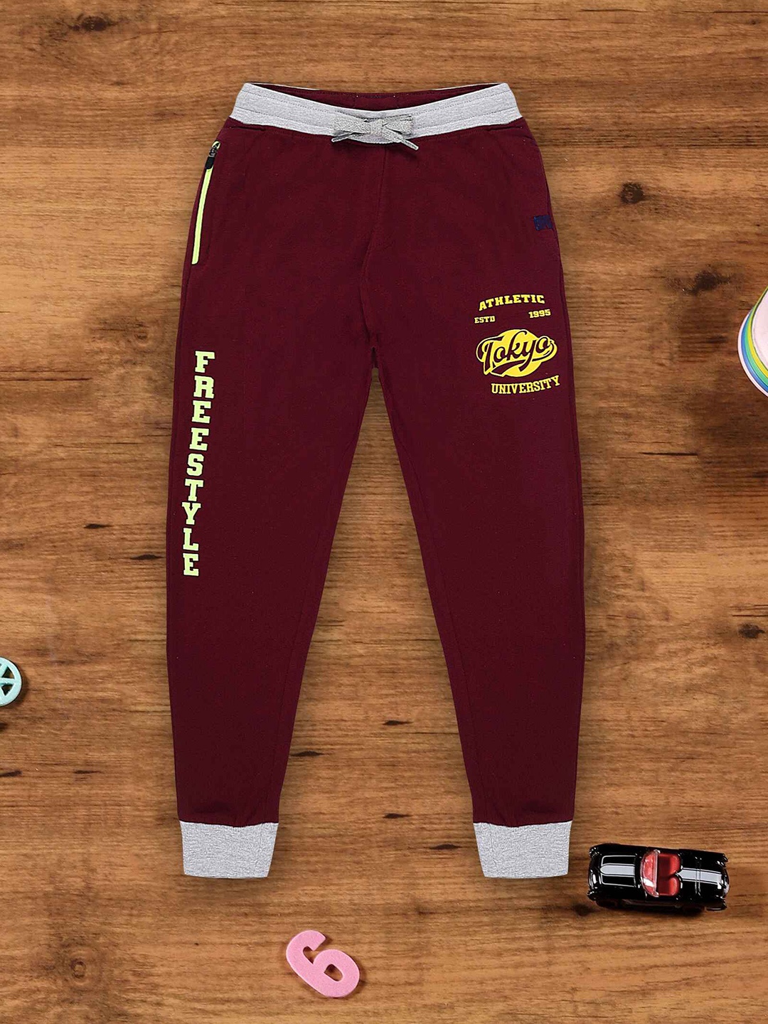 

3PIN Boys Typography Printed Anti-Odour Cotton Joggers, Burgundy