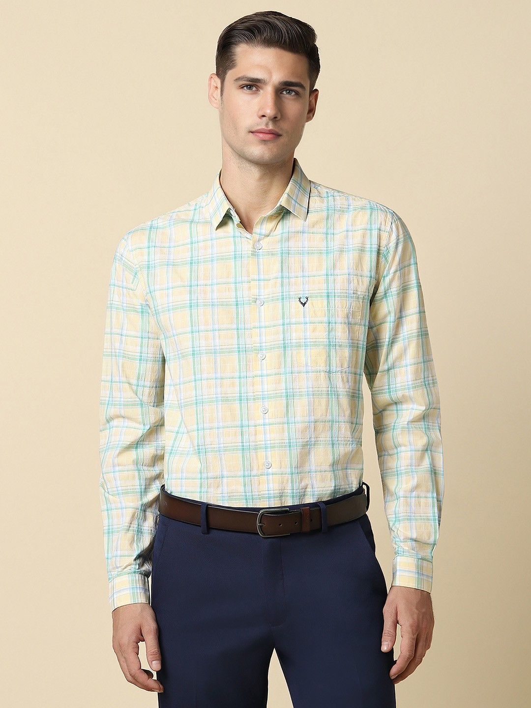 

Allen Solly Checked Spread Collar Curved Cotton Slim Fit Formal Shirt, Yellow
