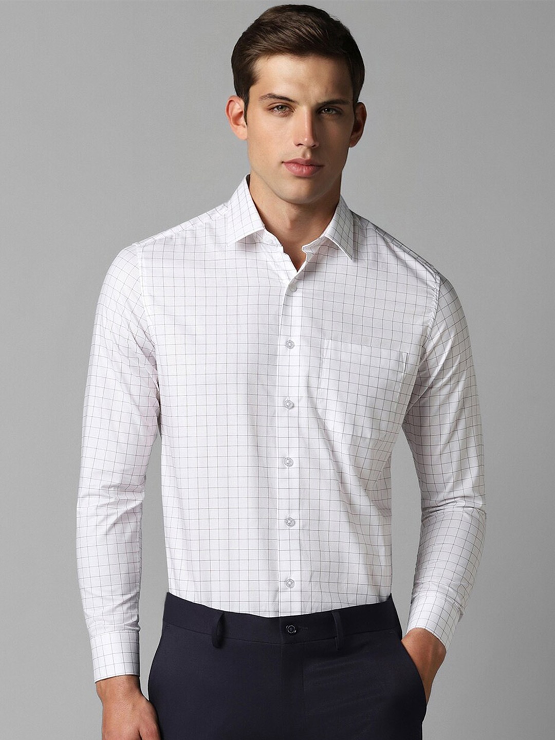 

Louis Philippe Slim Fit Grid Tattersall Checked Pure Cotton Formal Shirt, White