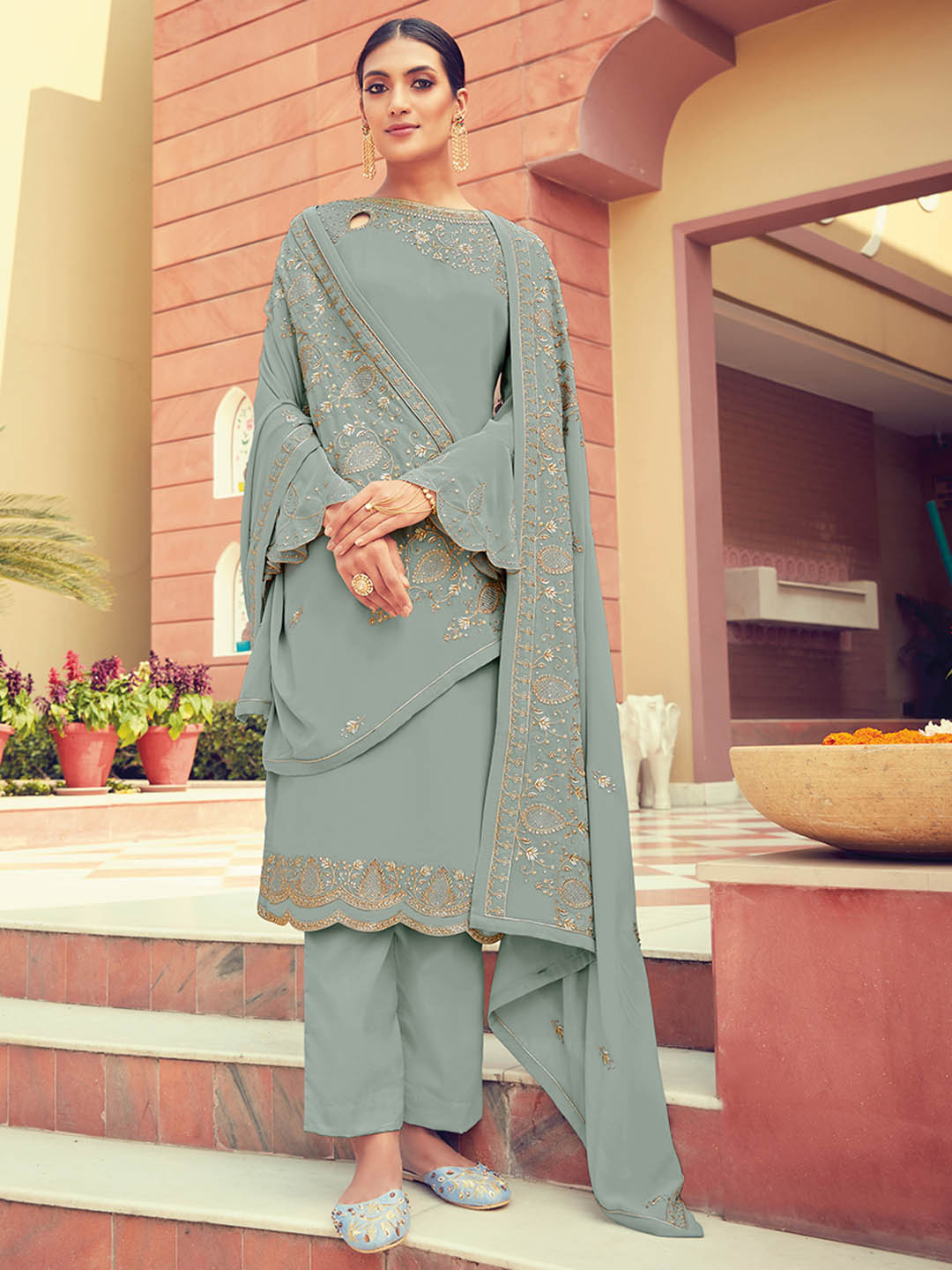 

HRITIKA Women Ethnic Motifs Embroidered Silk Georgette Kurta with Trousers & With Dupatta, Grey