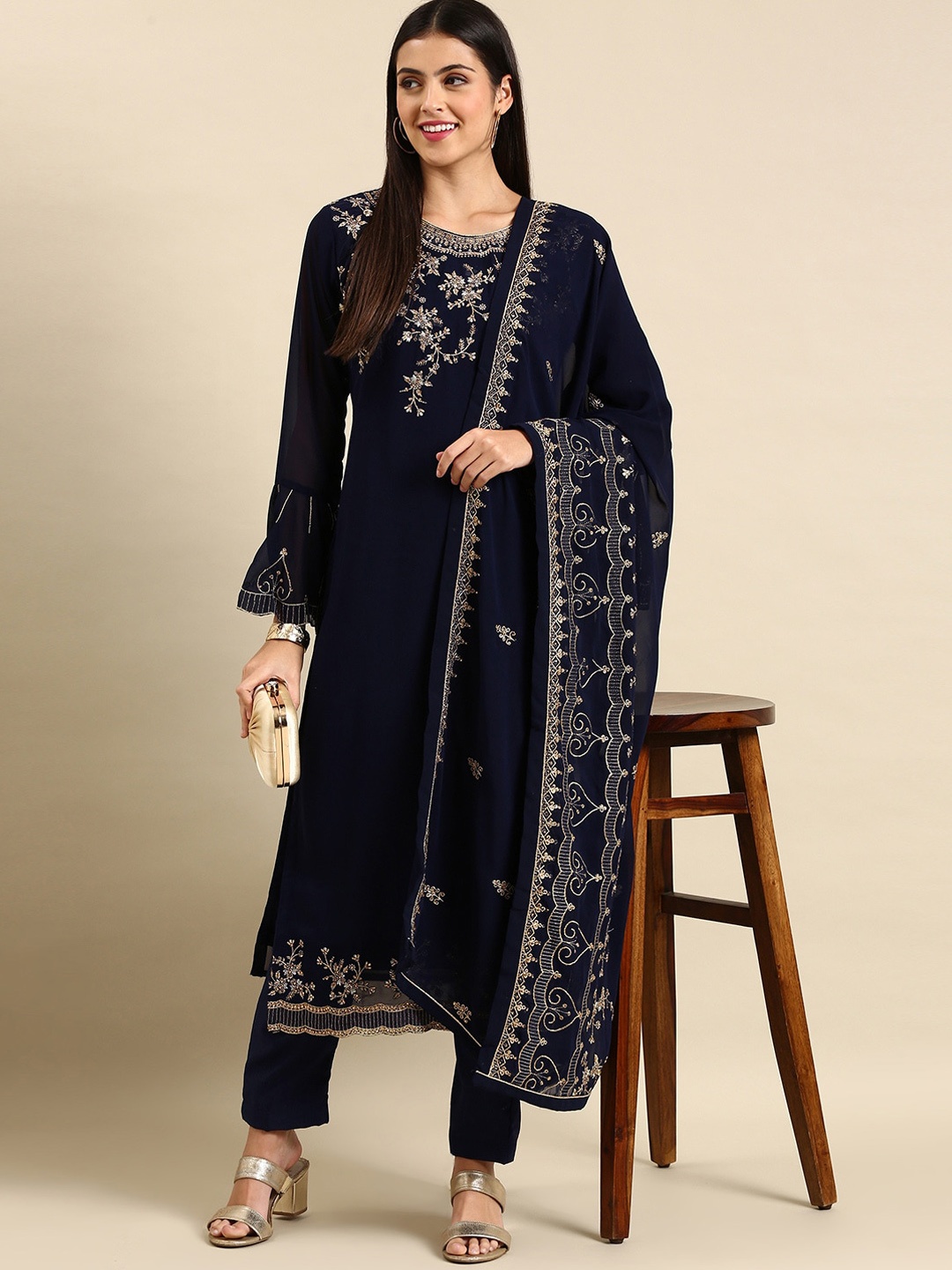 

KALINI Floral Embroidered Silk Georgette Kurta & Salwar With Dupatta, Navy blue