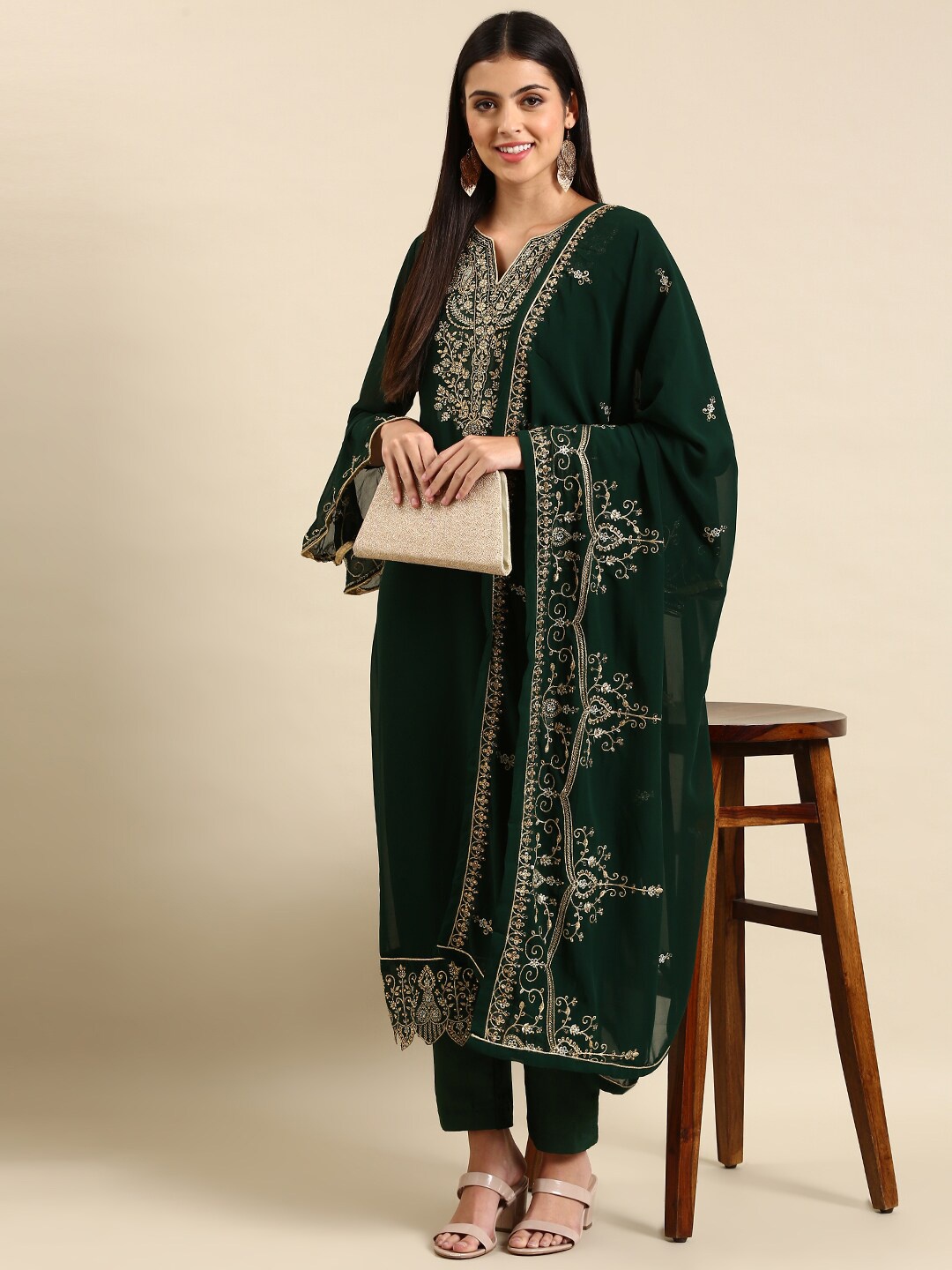 

KALINI Ethnic Motifs Embroidered Silk Georgette Kurta with Trousers & Dupatta, Green