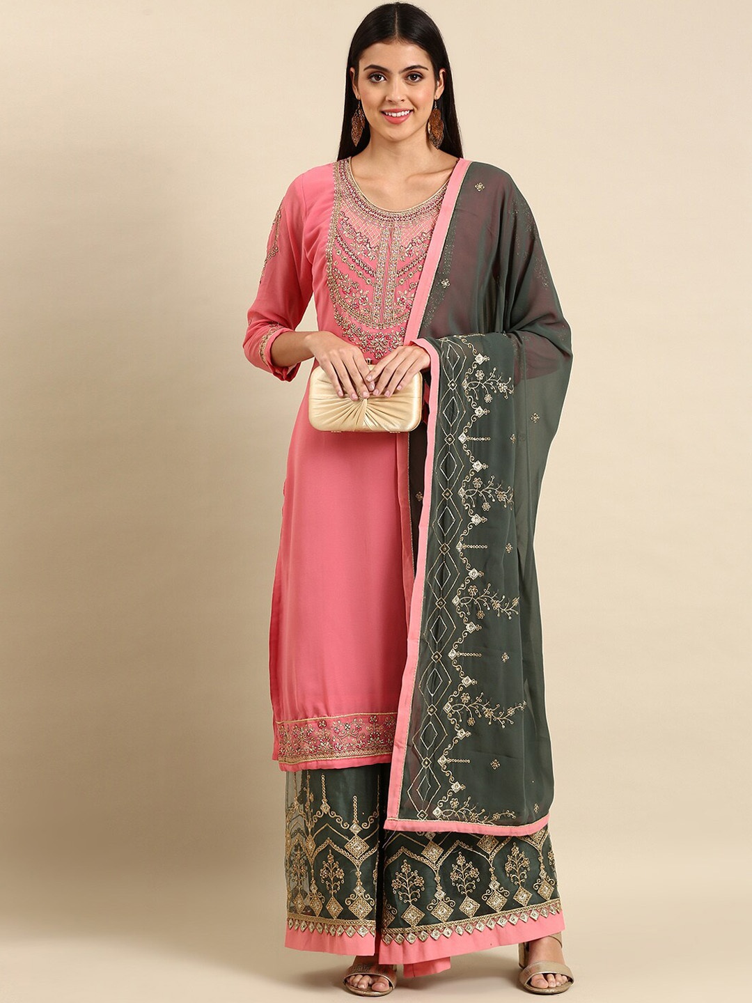 

KALINI Ethnic Motifs Embroidered Silk Georgette Kurta & Sharara With Dupatta, Pink