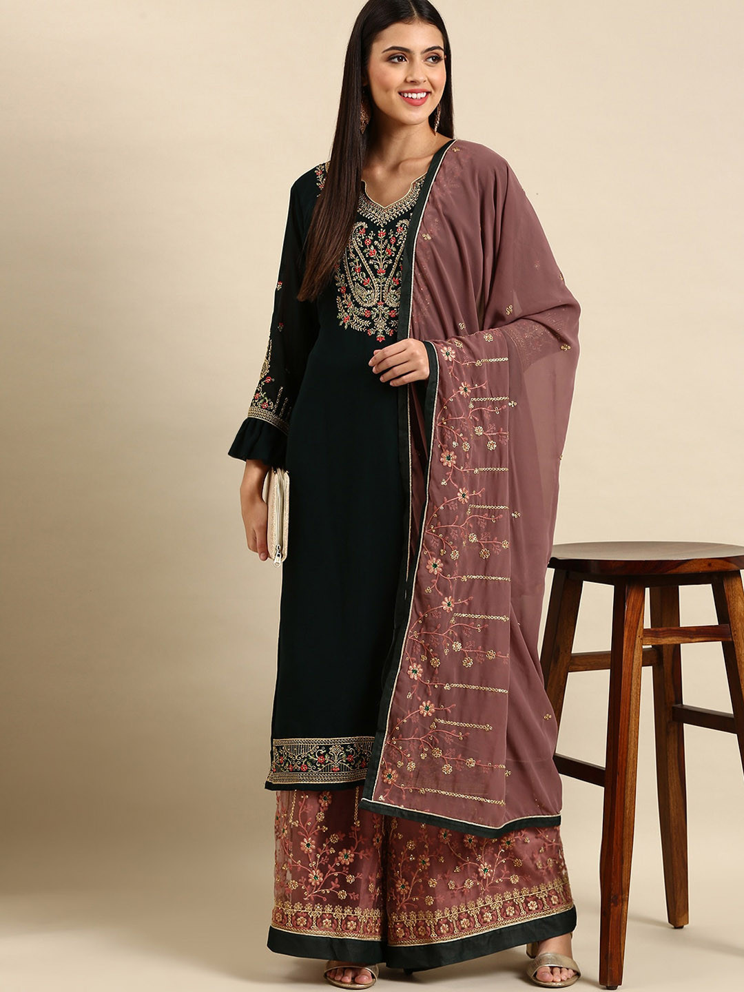 

KALINI Women Ethnic Motifs Embroidered Silk Georgette Kurta & Sharara With Dupatta, Teal