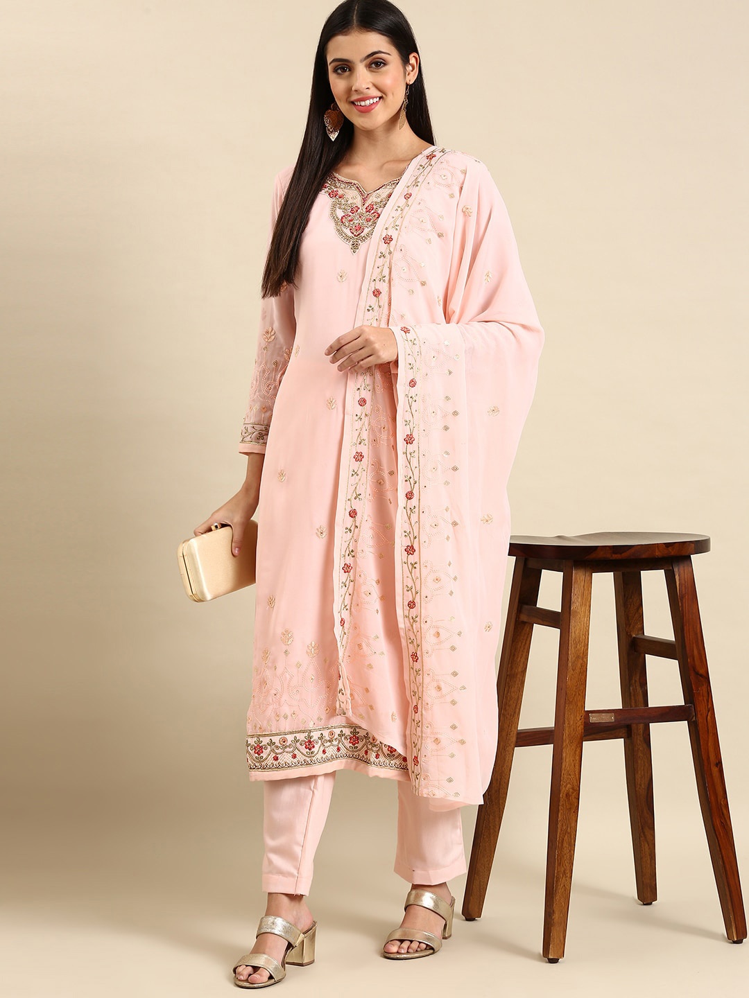 

KALINI Floral Embroidered Silk Georgette Kurta With Trousers & Dupatta, Pink