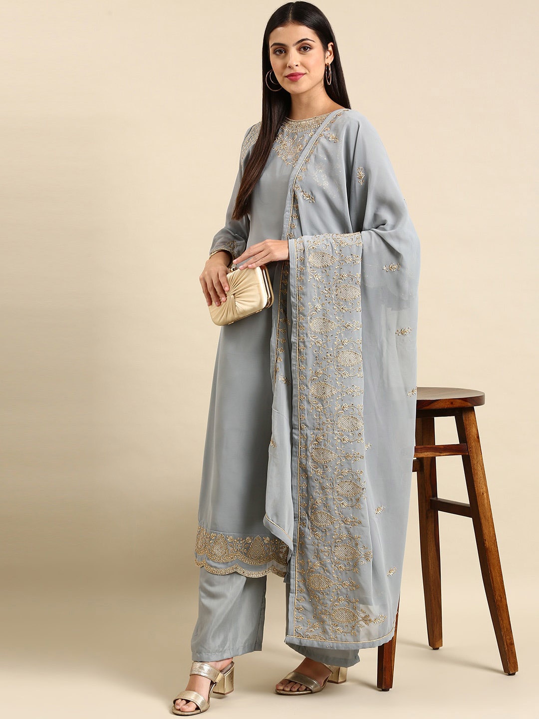 

KALINI Ethnic Motifs Embroidered Silk Georgette Kurta With Palazzos & Dupatta, Grey