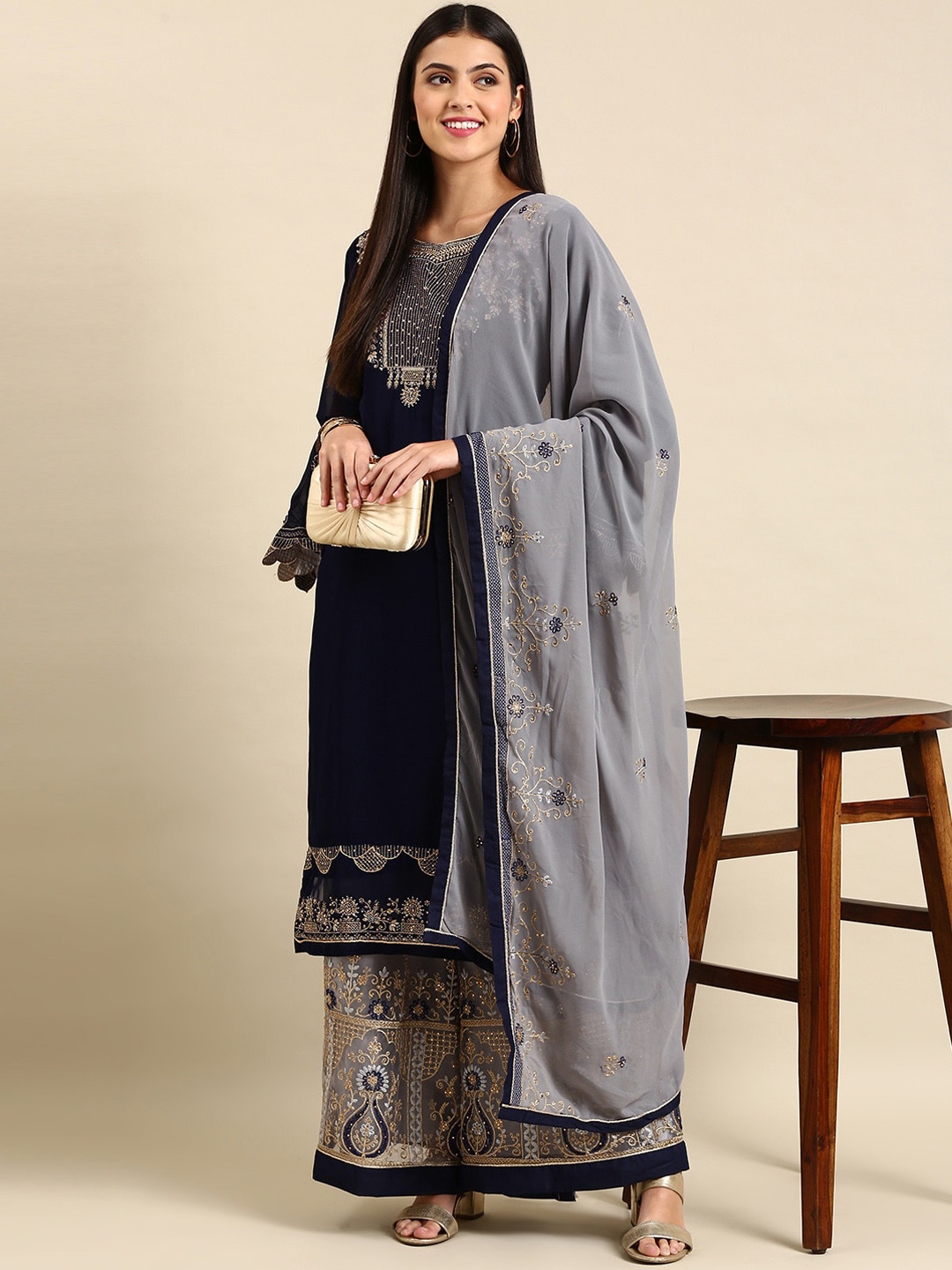 

KALINI Ethnic Motifs Embroidered Silk Georgette Kurta with Sharara & Dupatta, Navy blue