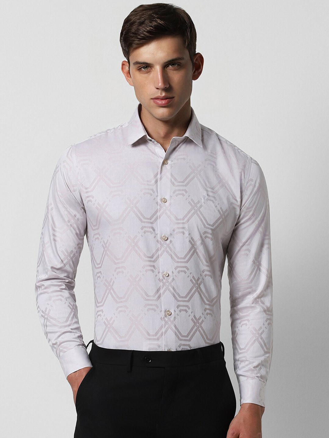 

V Dot Slim Fit Geometric Printed Pure Cotton Party Shirt, White