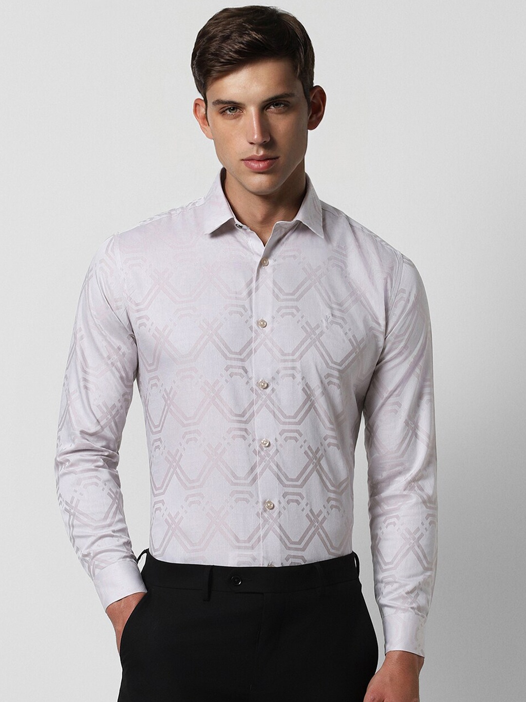 

V Dot Slim Fit Geometric Printed Pure Cotton Party Shirt, White