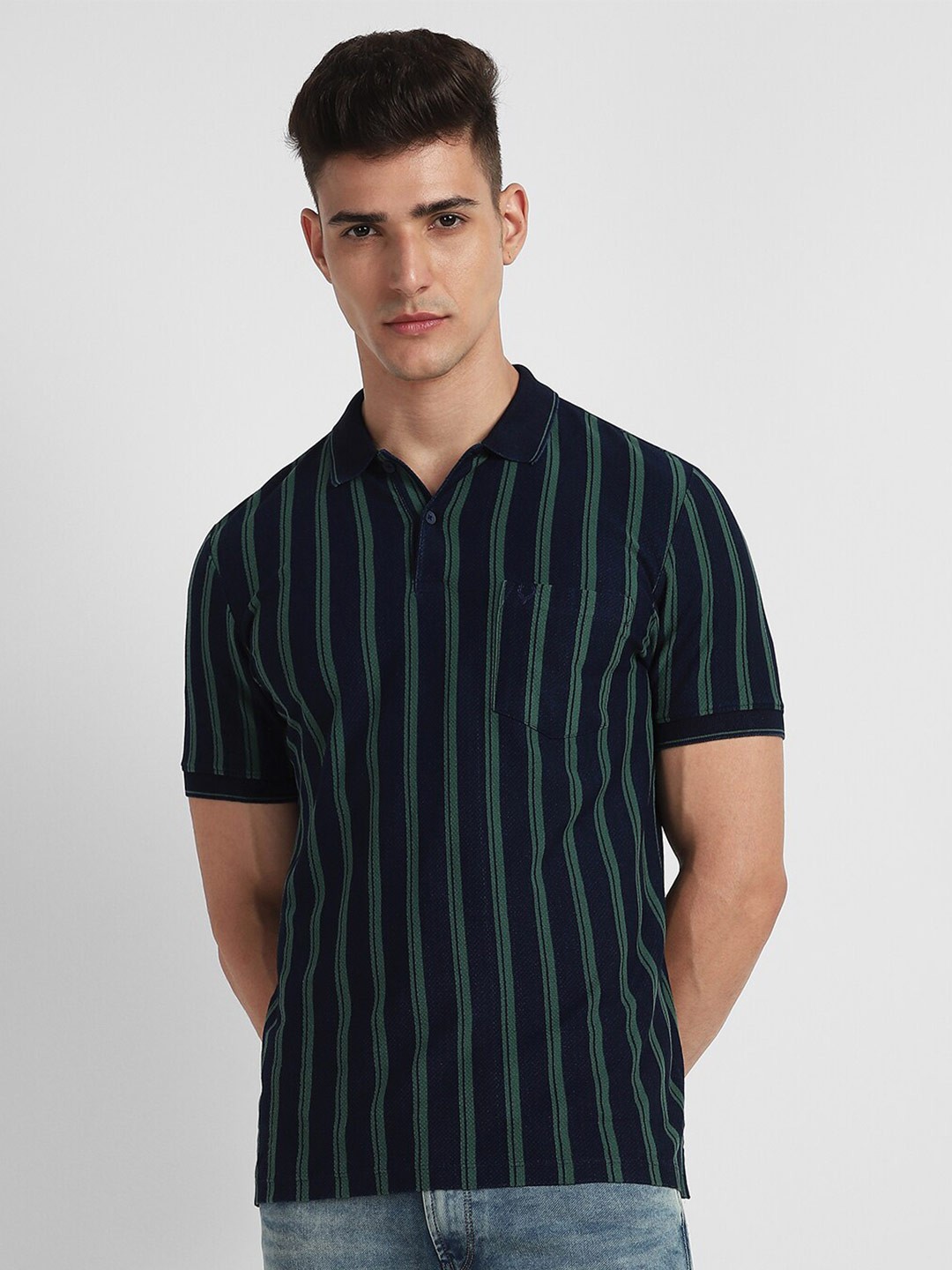 

Allen Solly Striped Polo Collar Short Sleeves Pockets Cotton Regular T-shirt, Navy blue