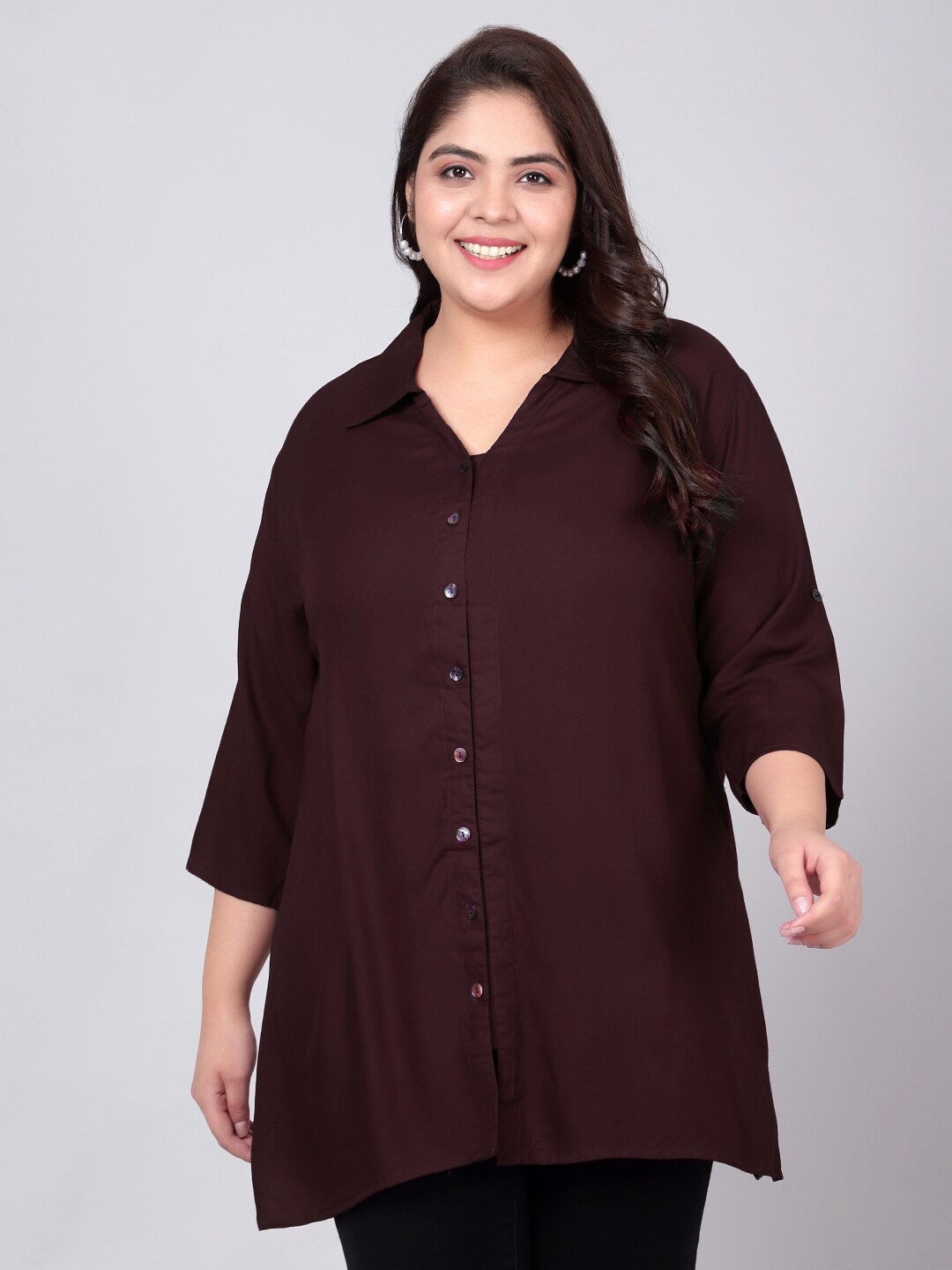 

Indietoga Plus Size Classic Longline Casual Shirt, Brown